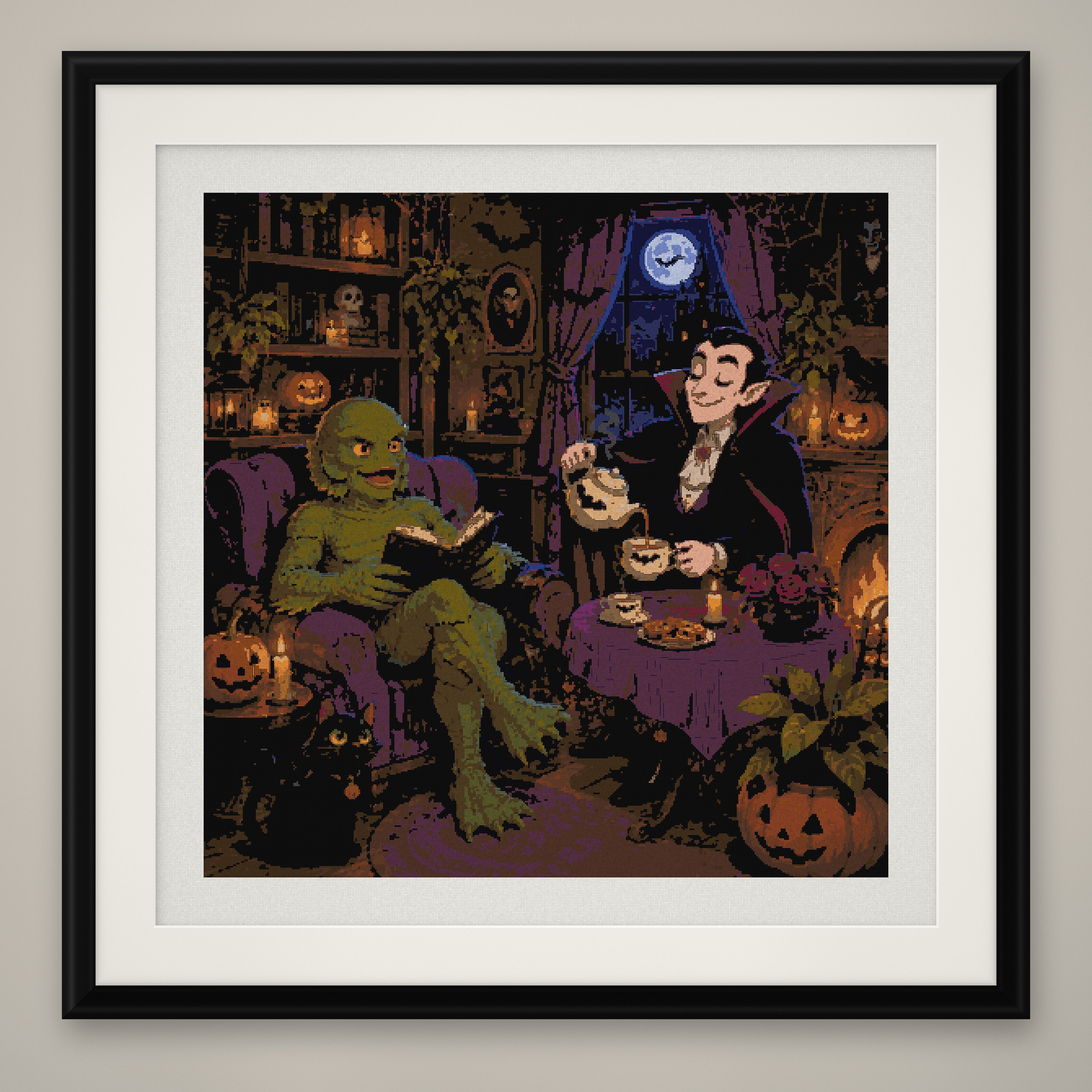 Monster Tea Time Cross Stitch Pattern, Vampire Reading PDF