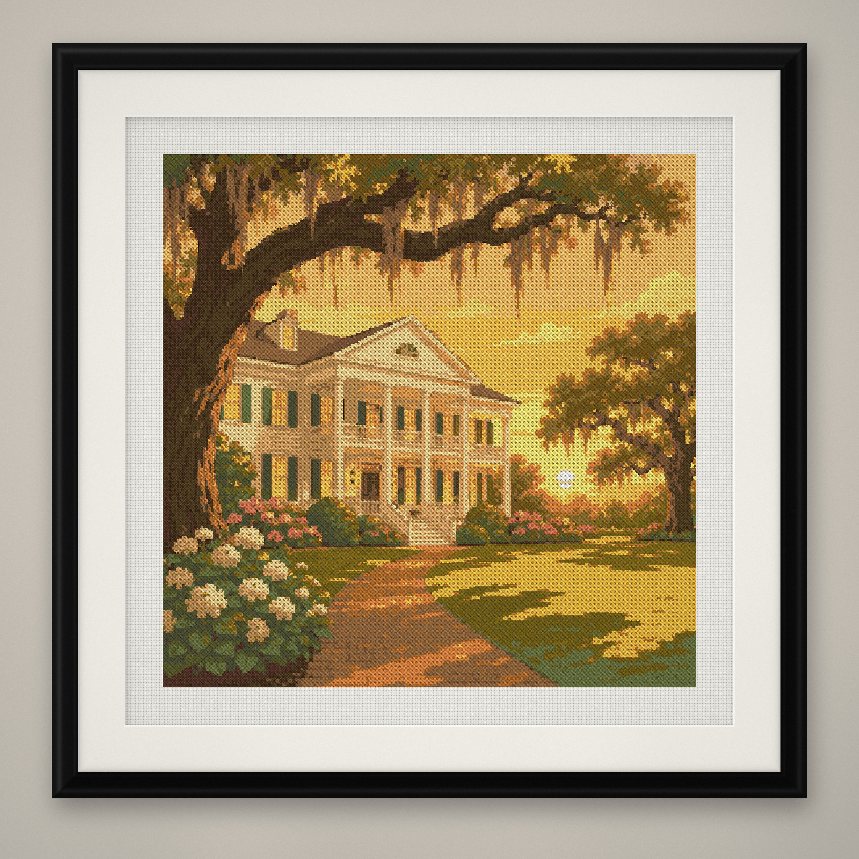Antebellum Manor Cross Stitch Pattern, Live Oak Estate Sunset PDF