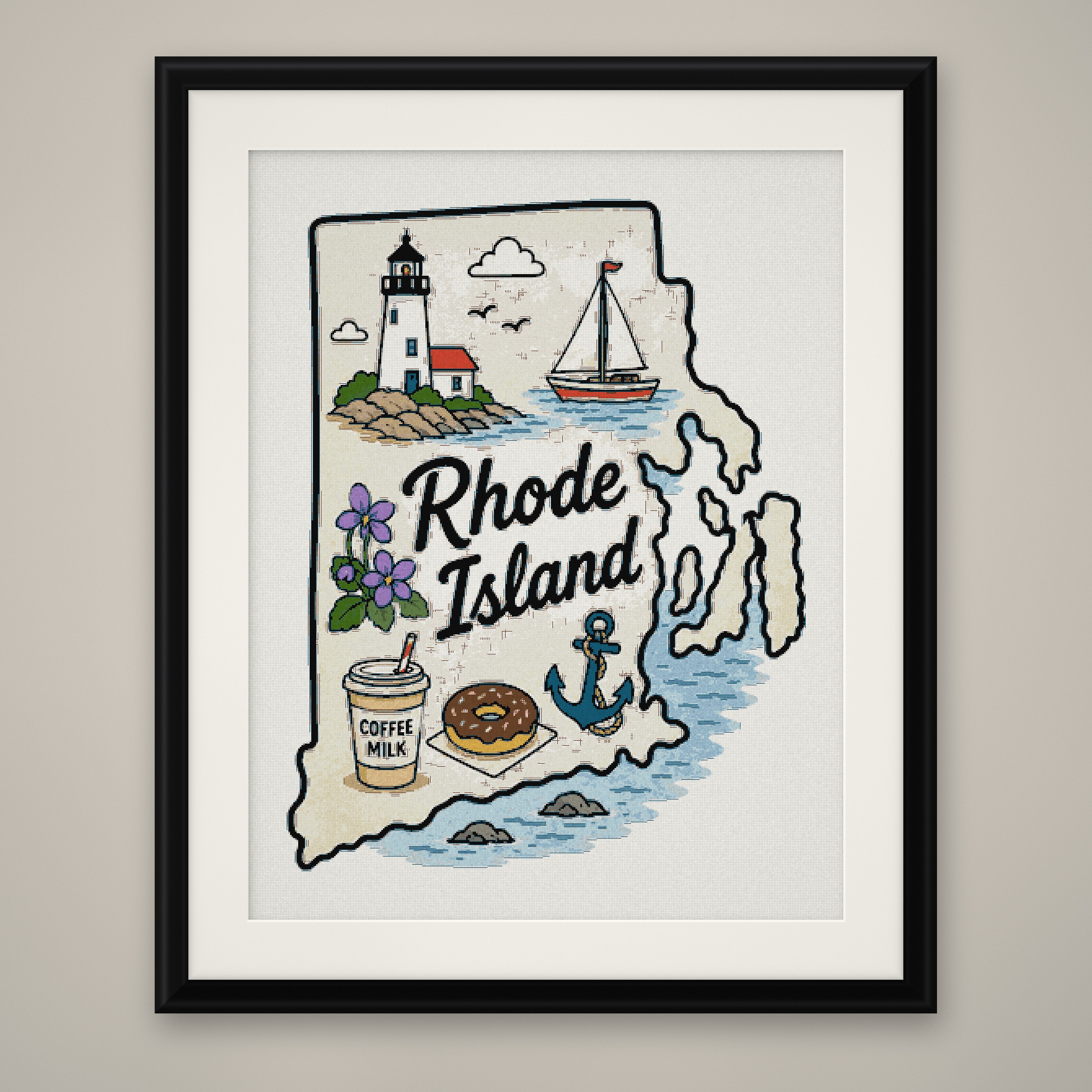 Rhode Island State Cross Stitch Pattern, State Shape Travel Souvenir PDF