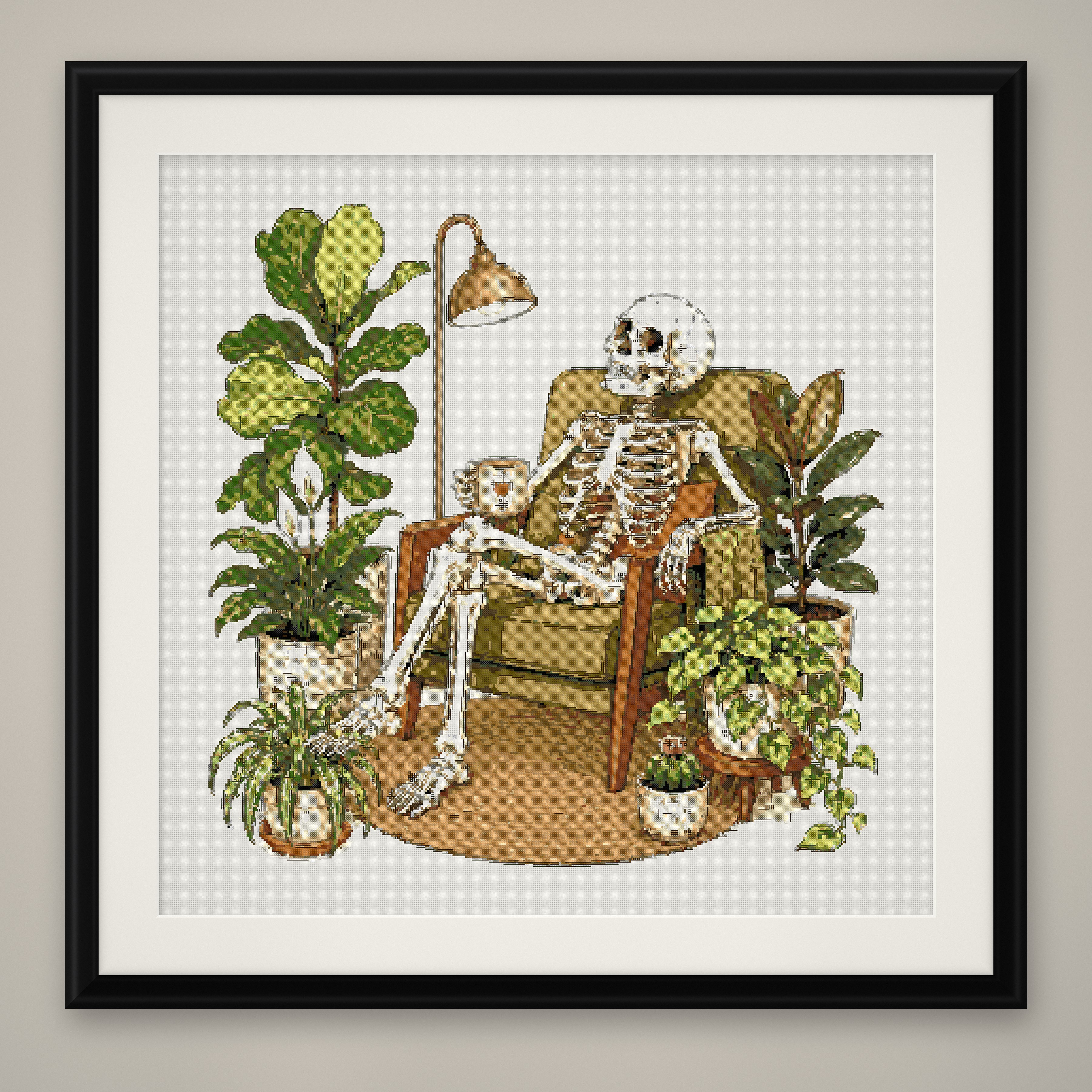 Plant Lady Skeleton Cross Stitch Pattern, Houseplant Lounge Humor PDF