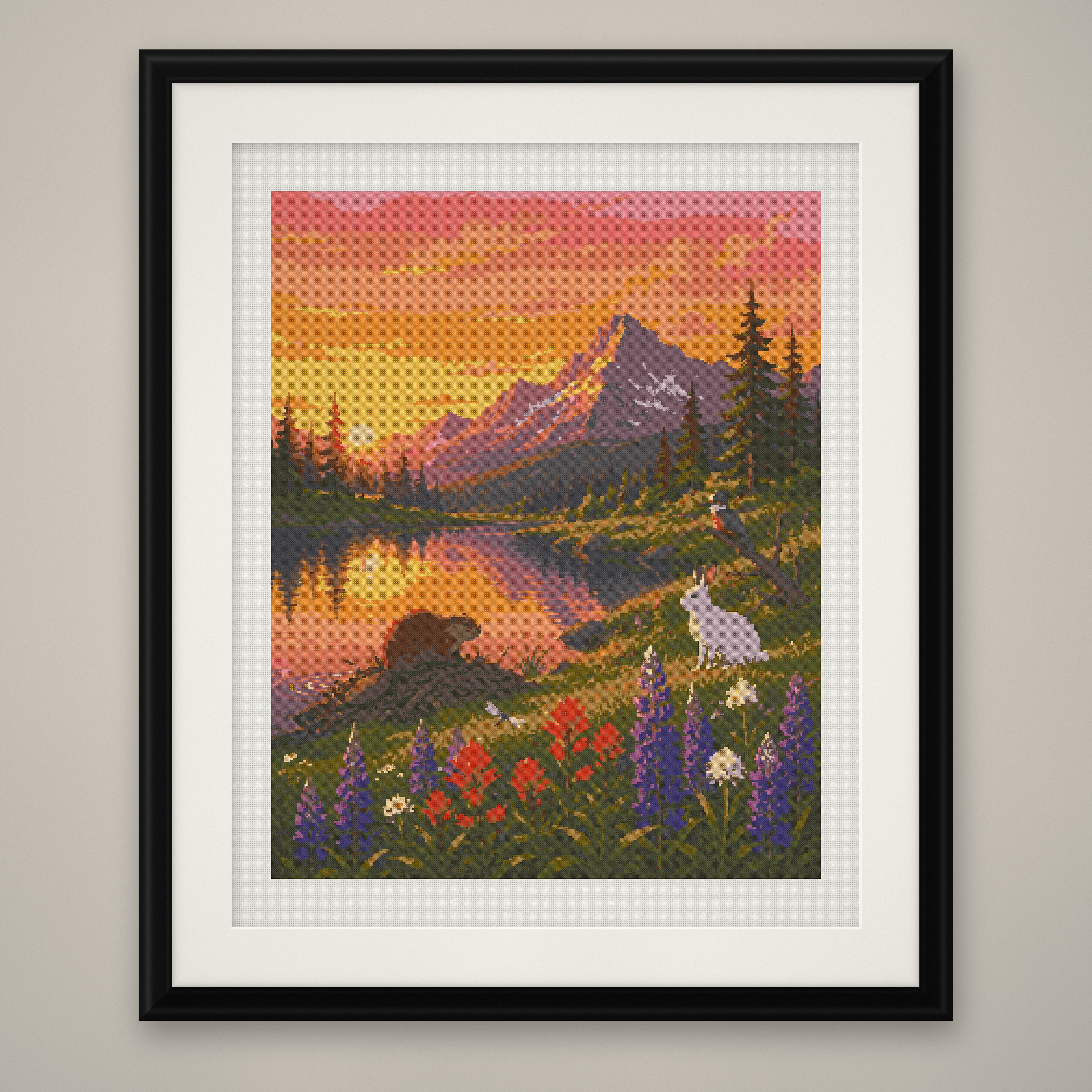 Mountain Sunset Cross Stitch Pattern, Lake Beaver Wildflower Wildlife PDF