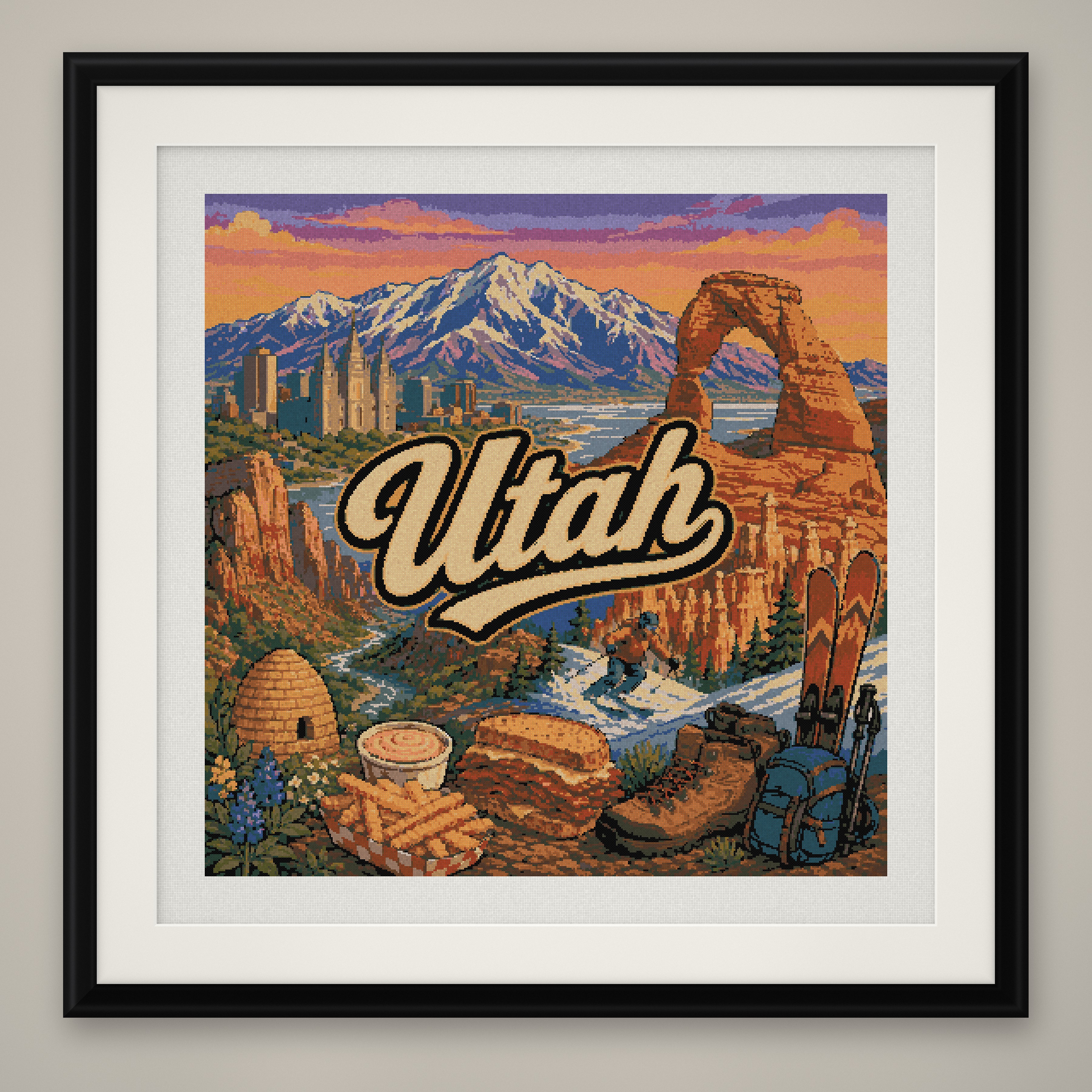 Utah Cross Stitch Pattern, State Travel Poster Landscape Wall Art PDF