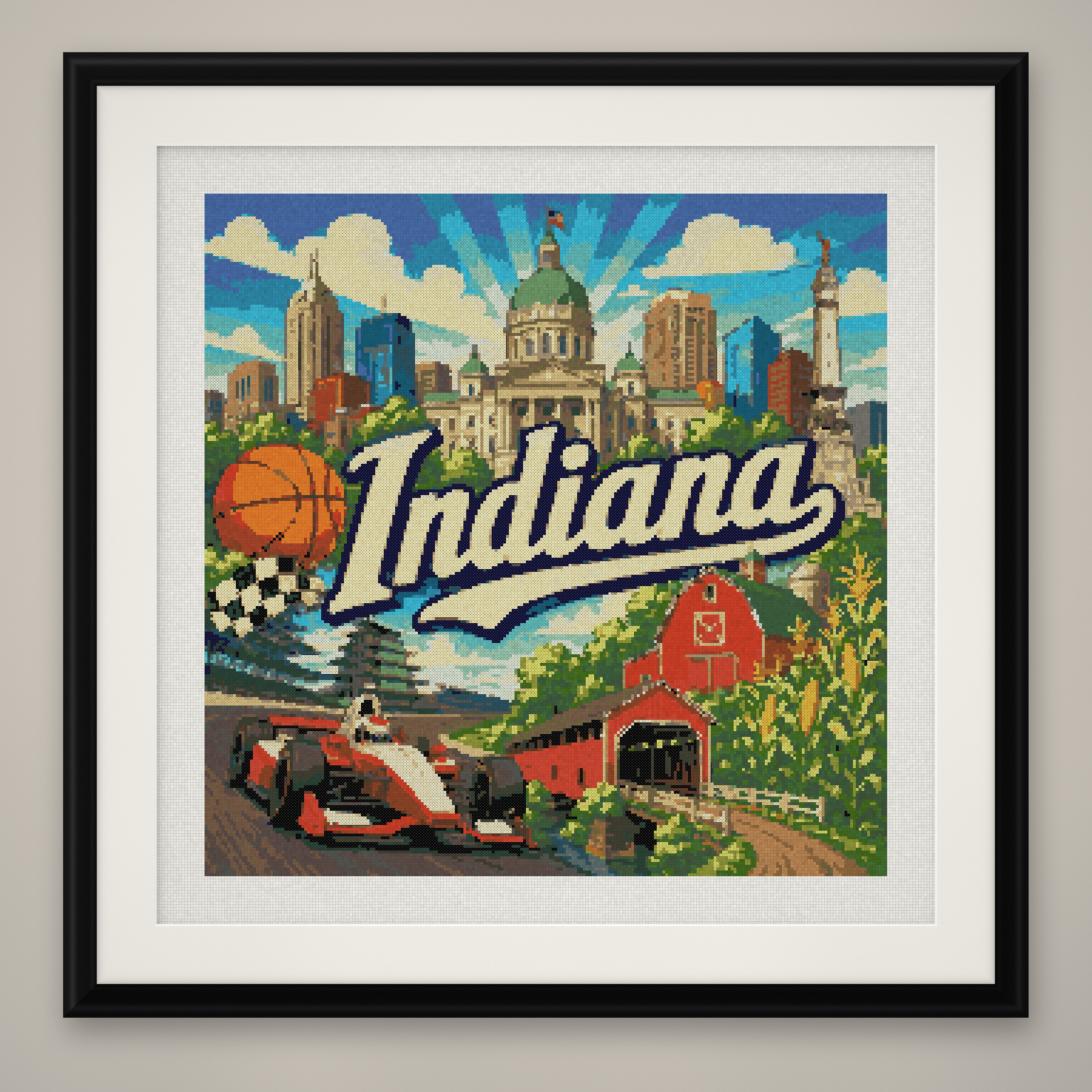 Indiana State Cross Stitch Pattern, Vintage Travel Poster Souvenir PDF