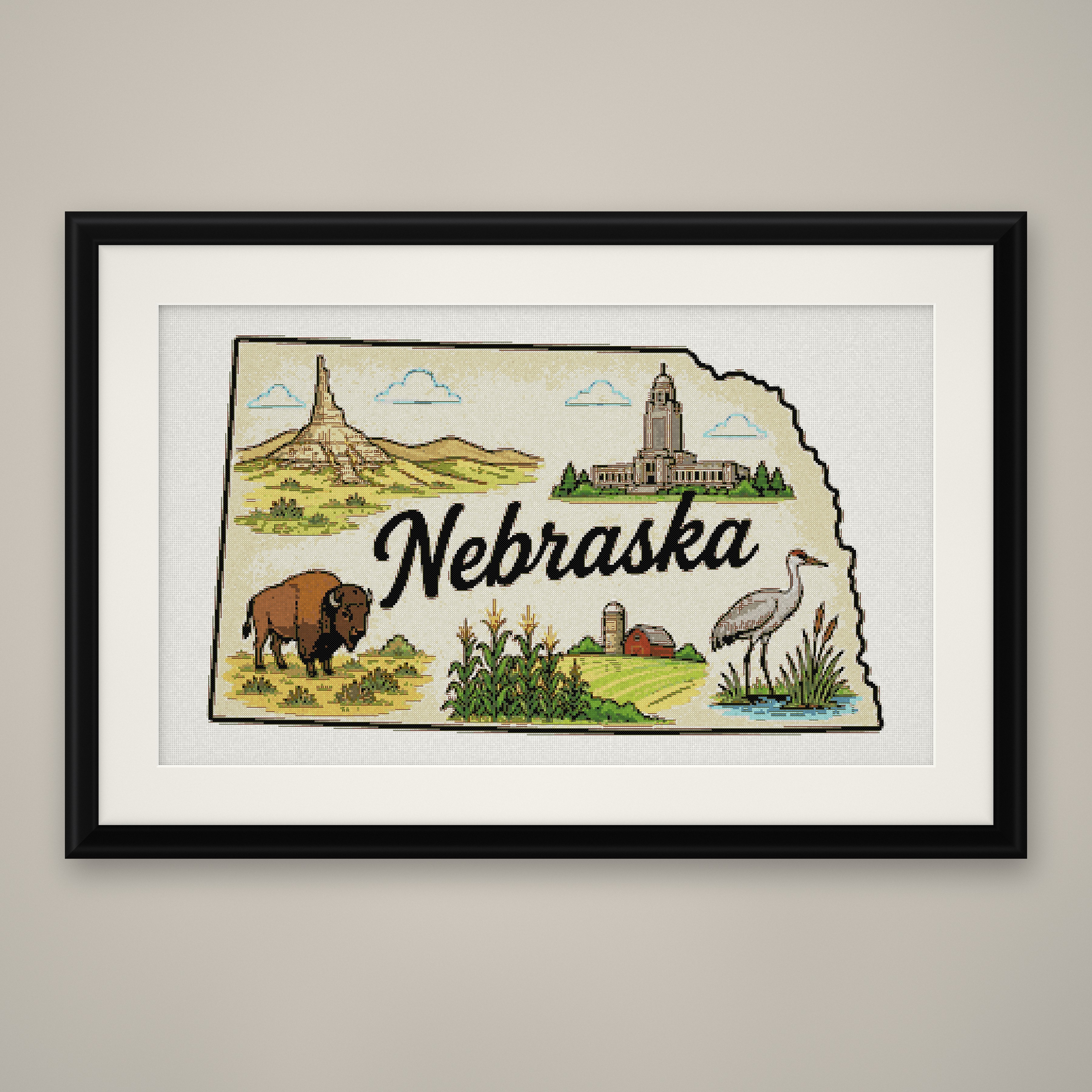 Nebraska State Cross Stitch Pattern, State Shape Travel Souvenir PDF