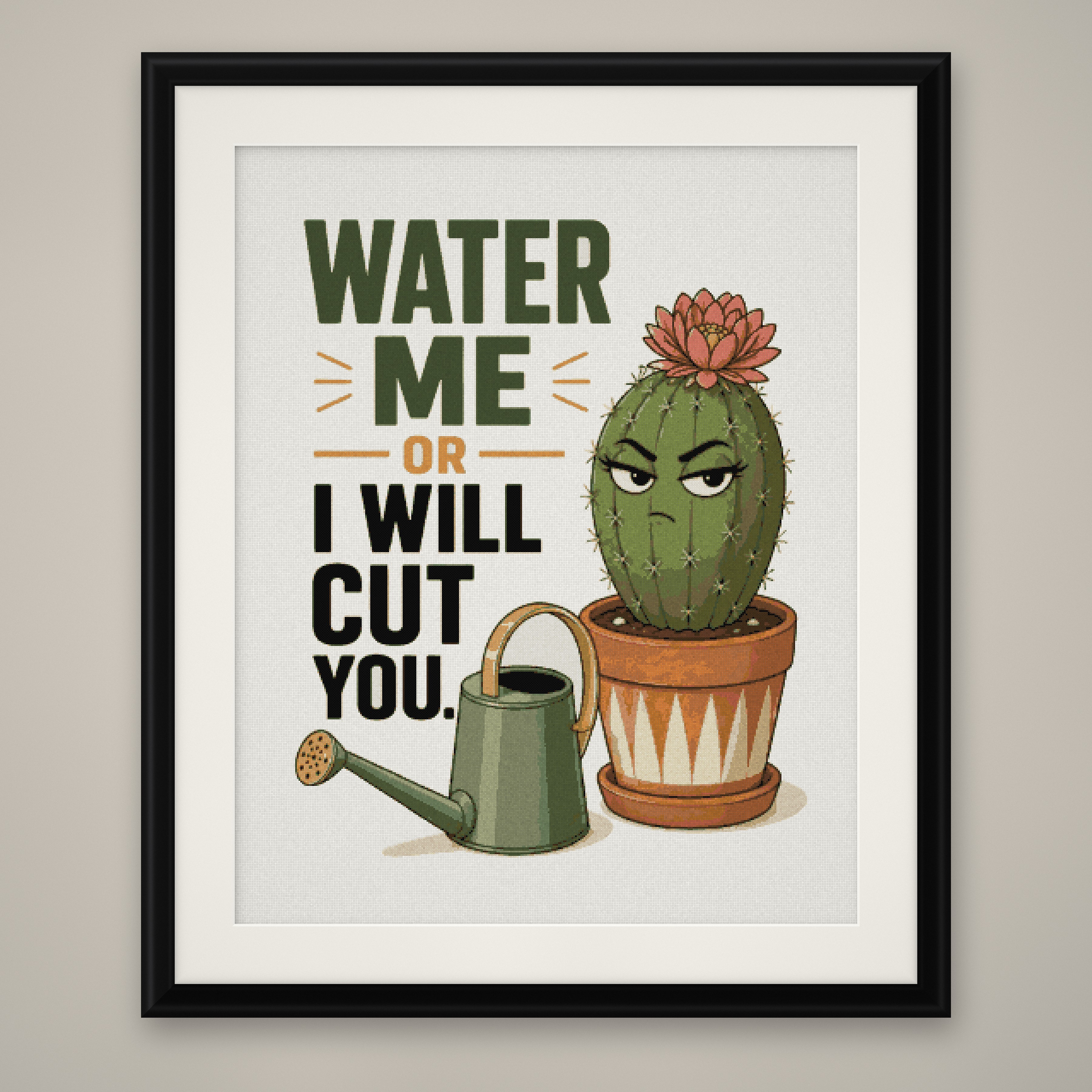 Water Me Cross Stitch Pattern, Funny Cactus Plant Pun Wall Art PDF