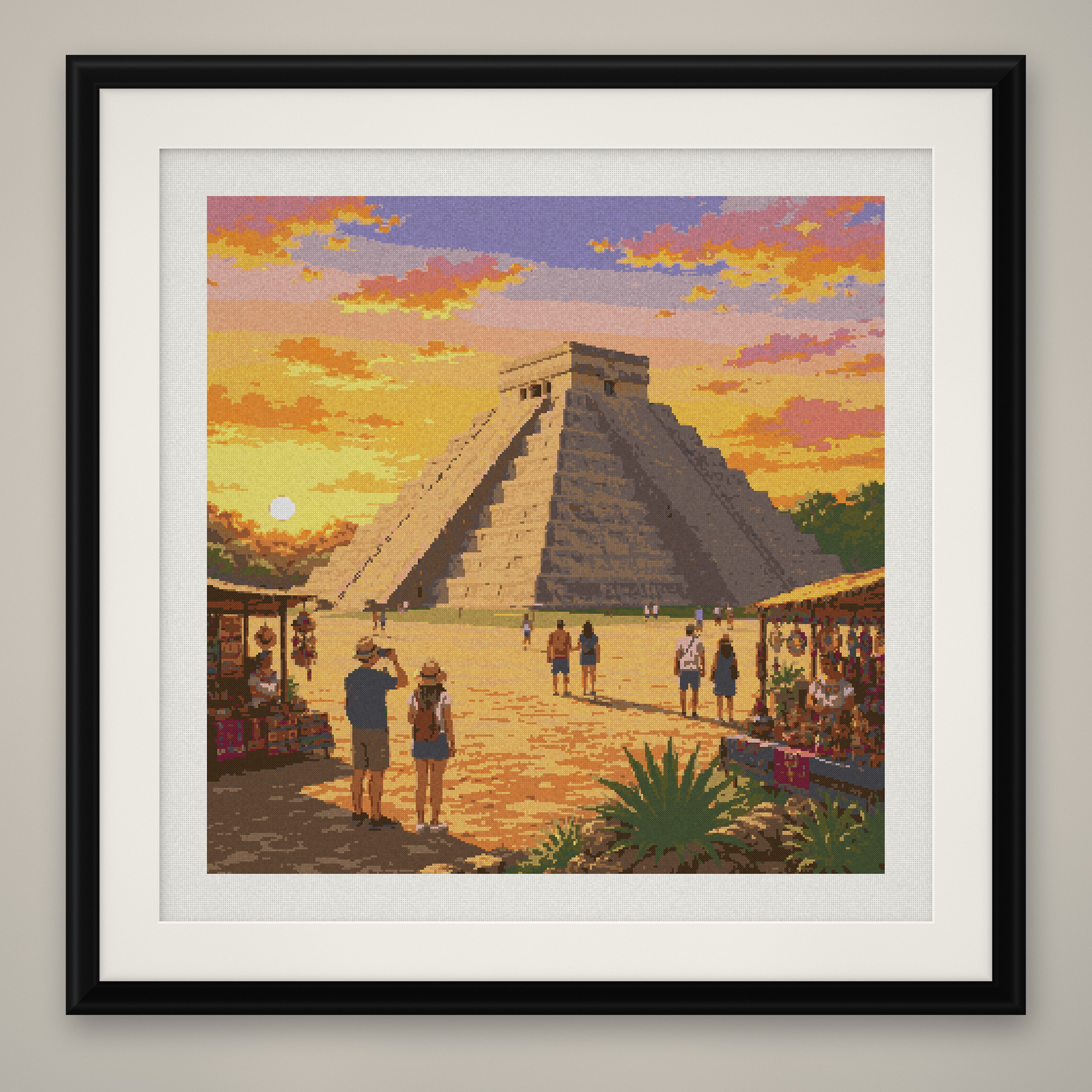 Chichen Itza Cross Stitch Pattern, Mayan Pyramid Mexico Sunset PDF