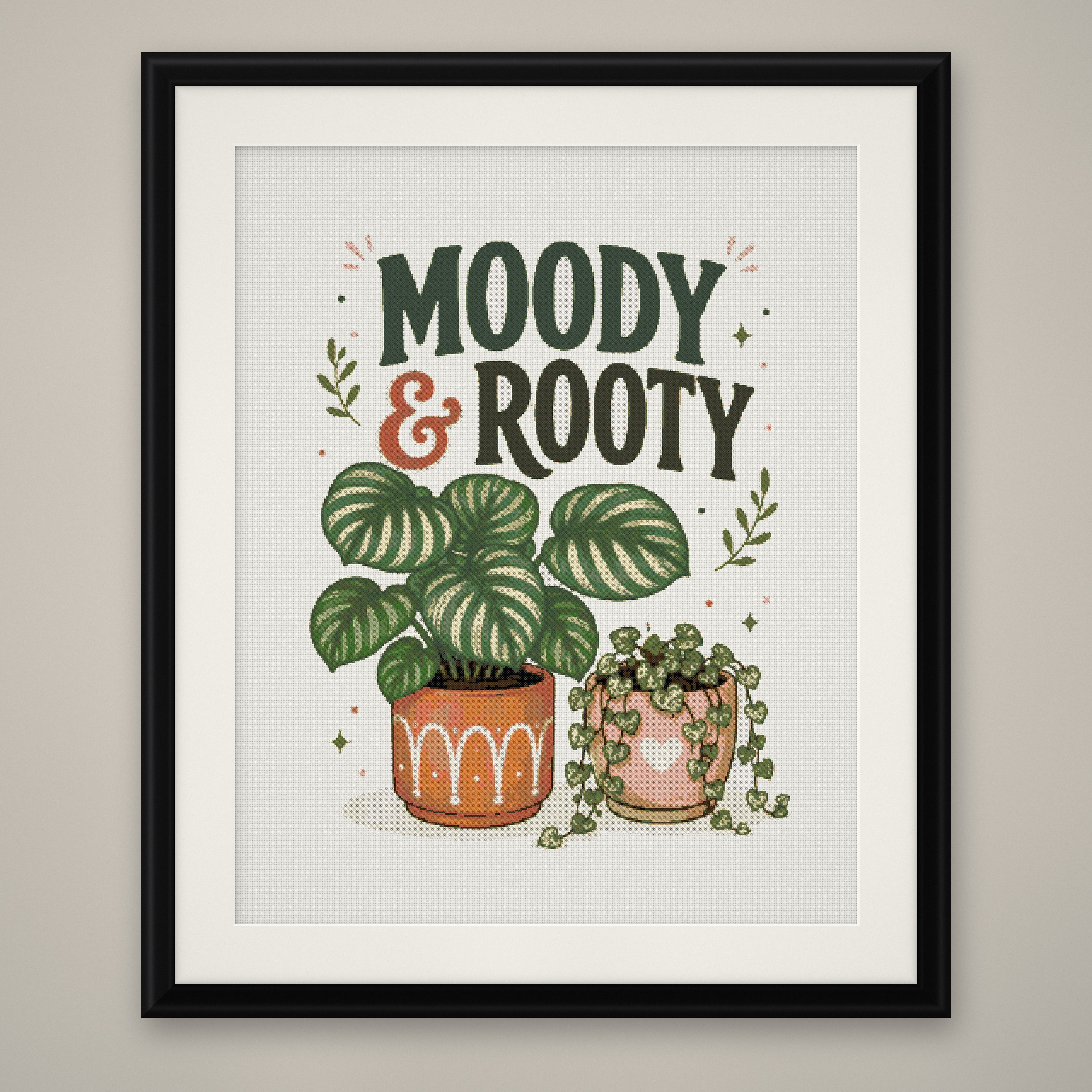 Moody and Rooty Cross Stitch Pattern, Cute Potted Plant Pun Wall Art PDF