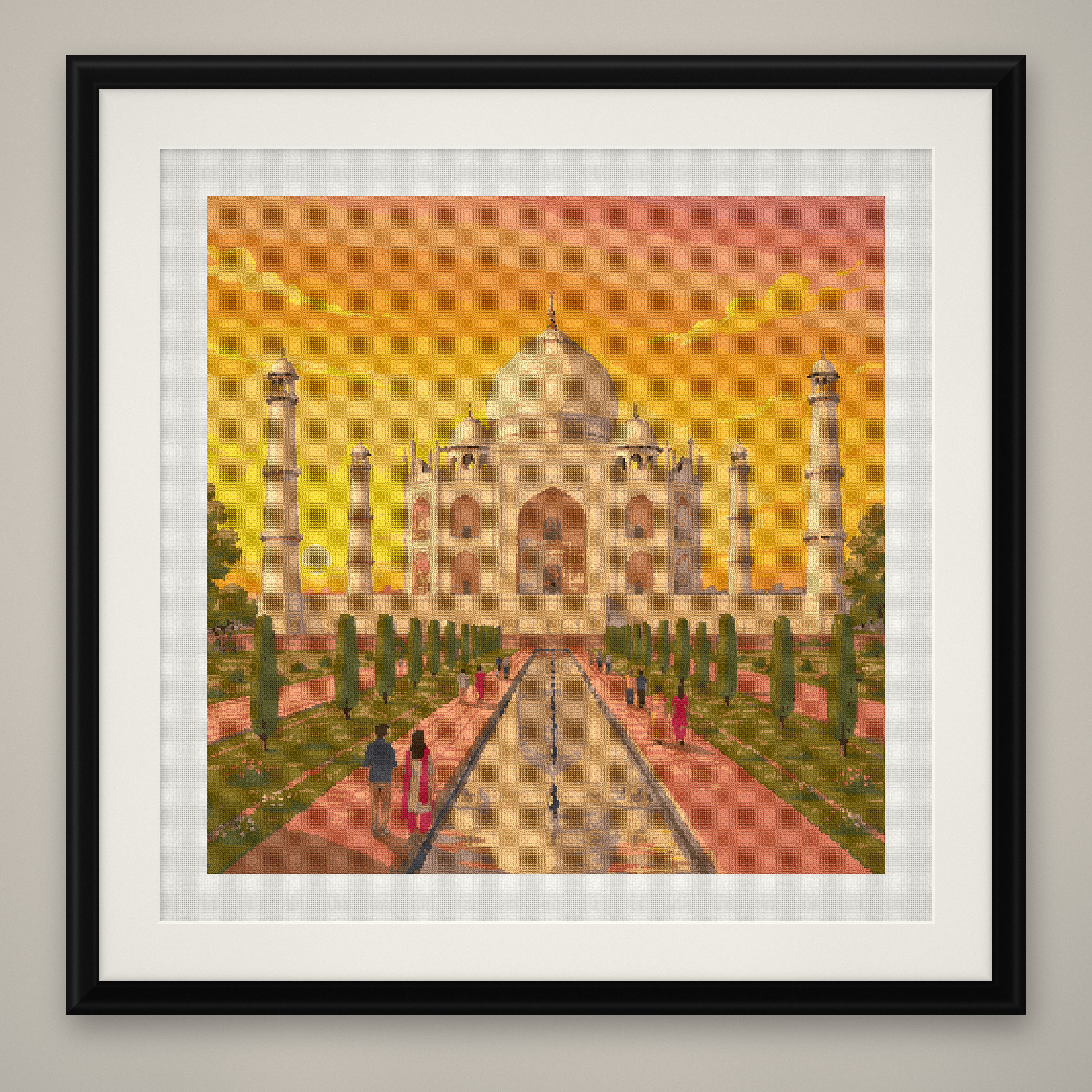 Taj Mahal Reflection Cross Stitch Pattern, India Sunset Palace Pool PDF