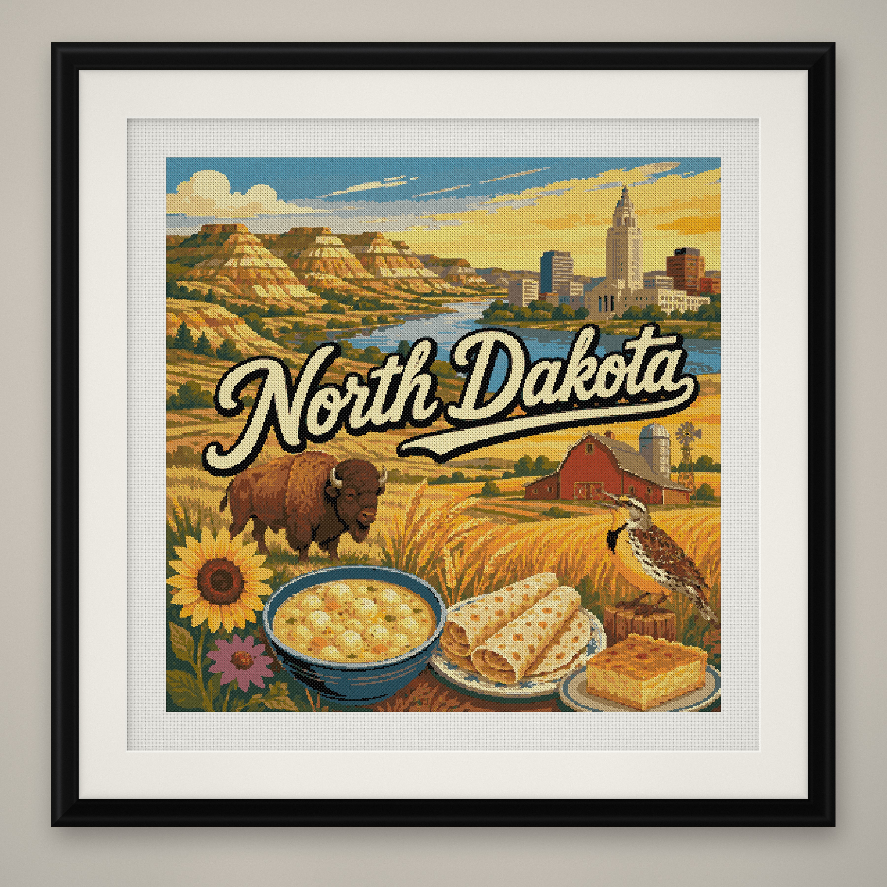 North Dakota Cross Stitch Pattern, State Travel Poster Landscape PDF