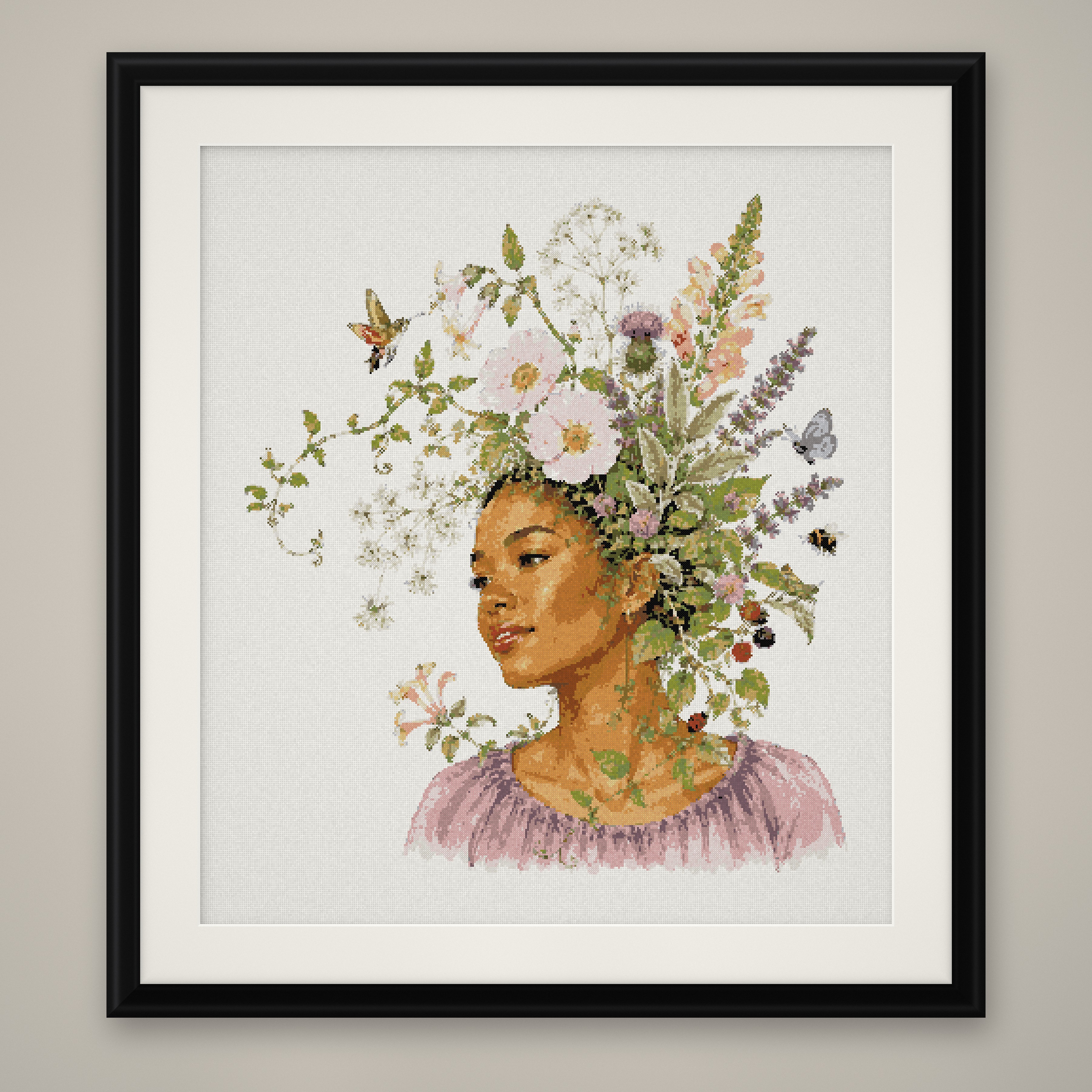 Floral Hair Woman Cross Stitch Pattern, Pink Blossom Portrait PDF