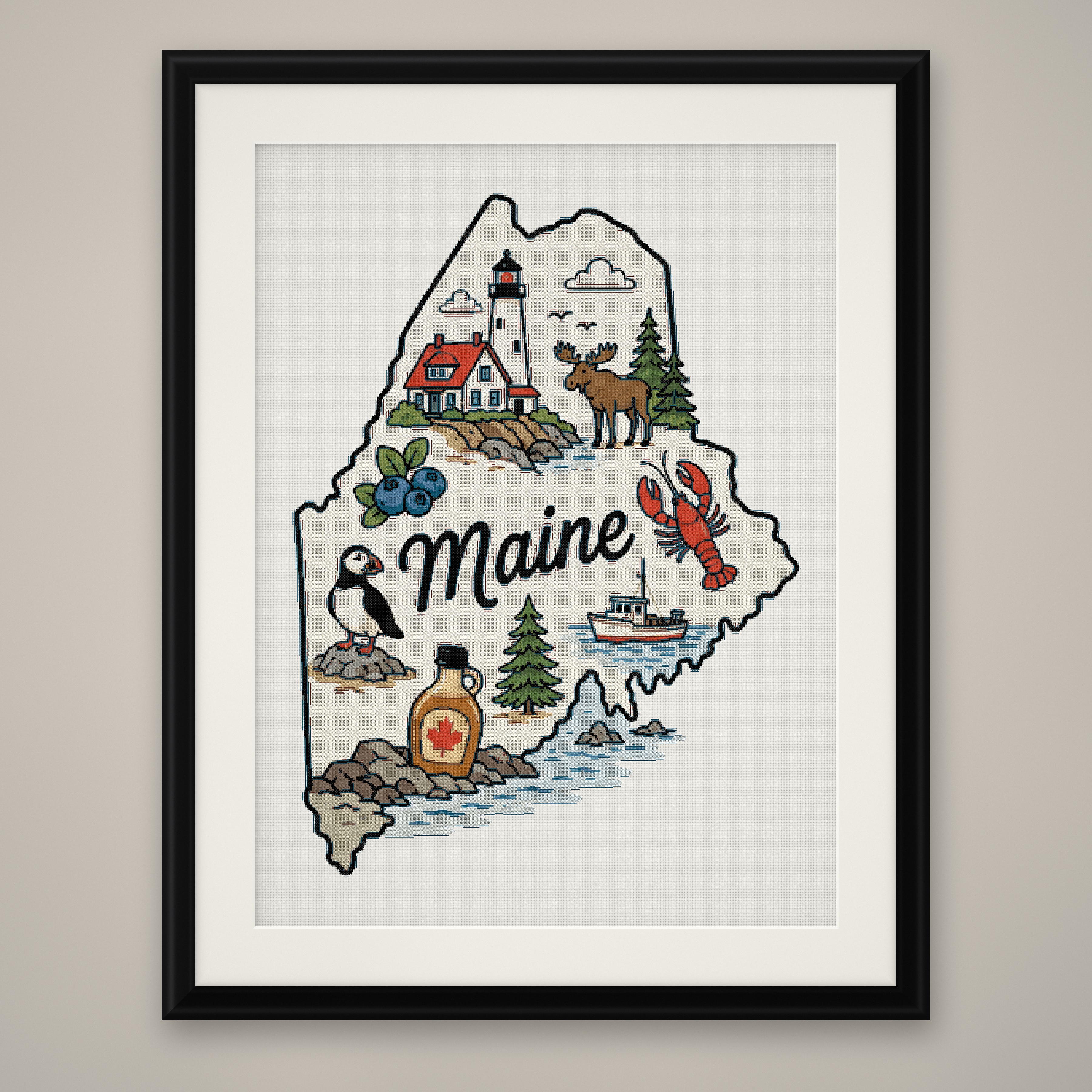 Maine State Cross Stitch Pattern, State Shape Travel Souvenir PDF