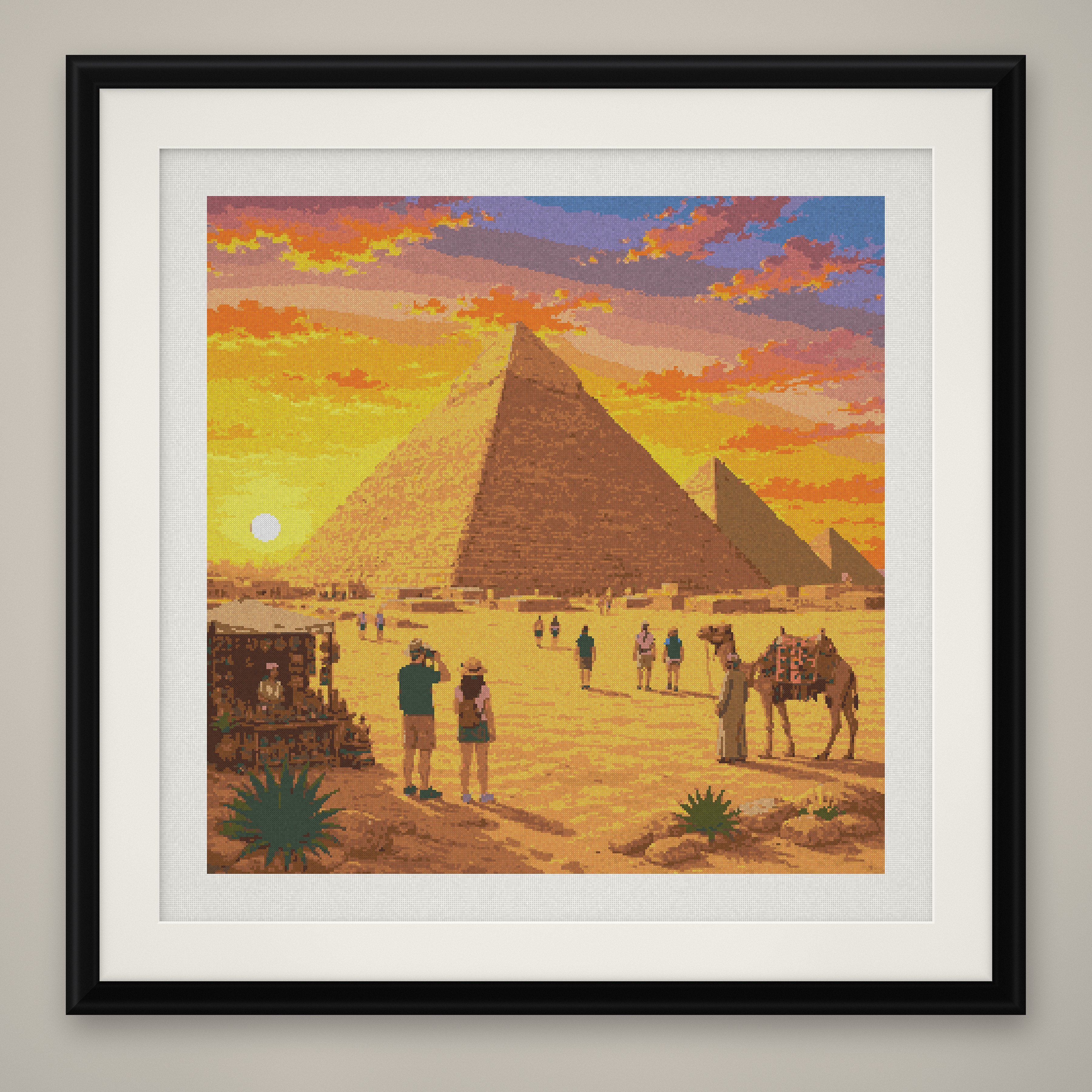 Pyramids of Giza Cross Stitch Pattern, Egypt Sunset Camel Desert PDF