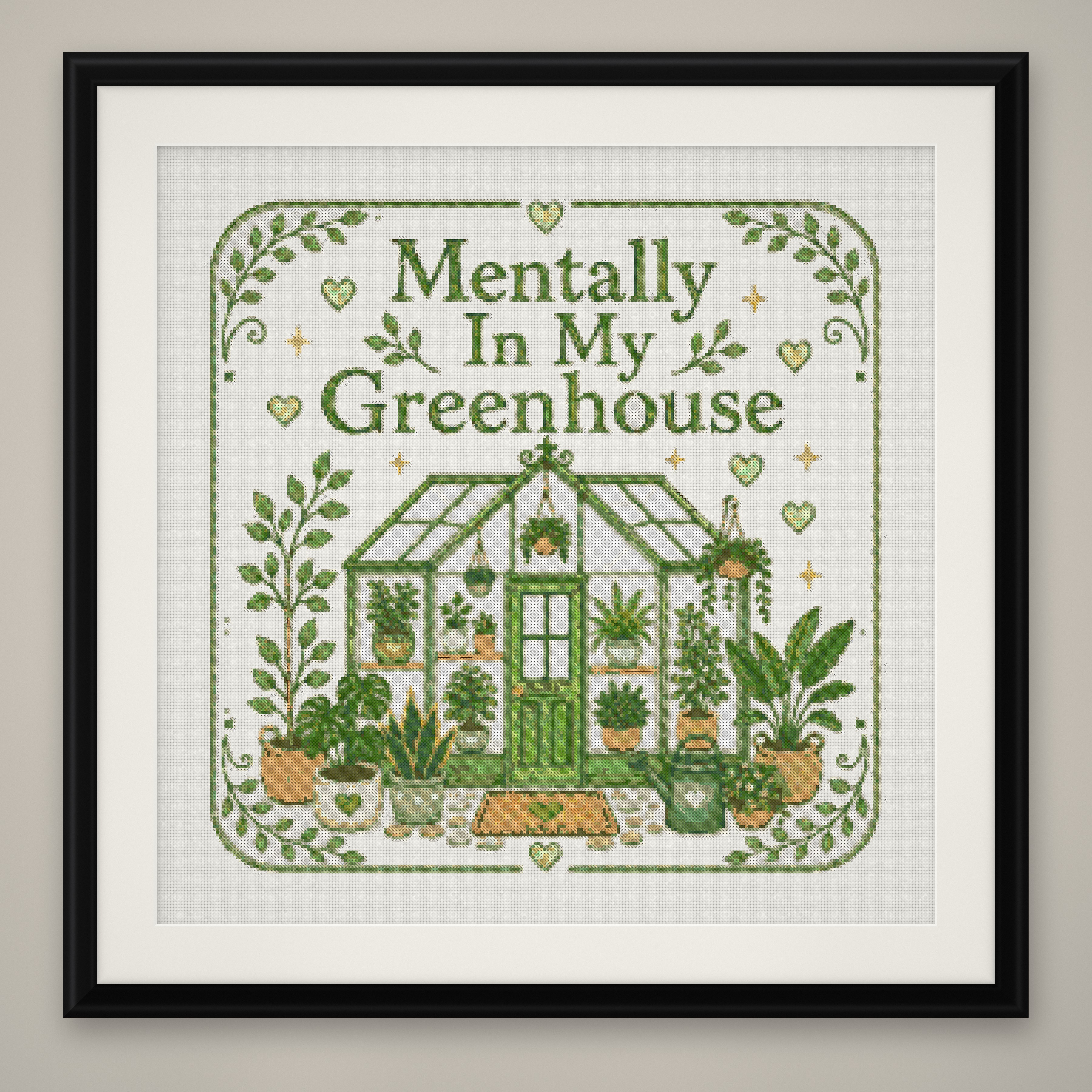 Mentally in My Greenhouse Cross Stitch Pattern, Plant Lover Quote PDF
