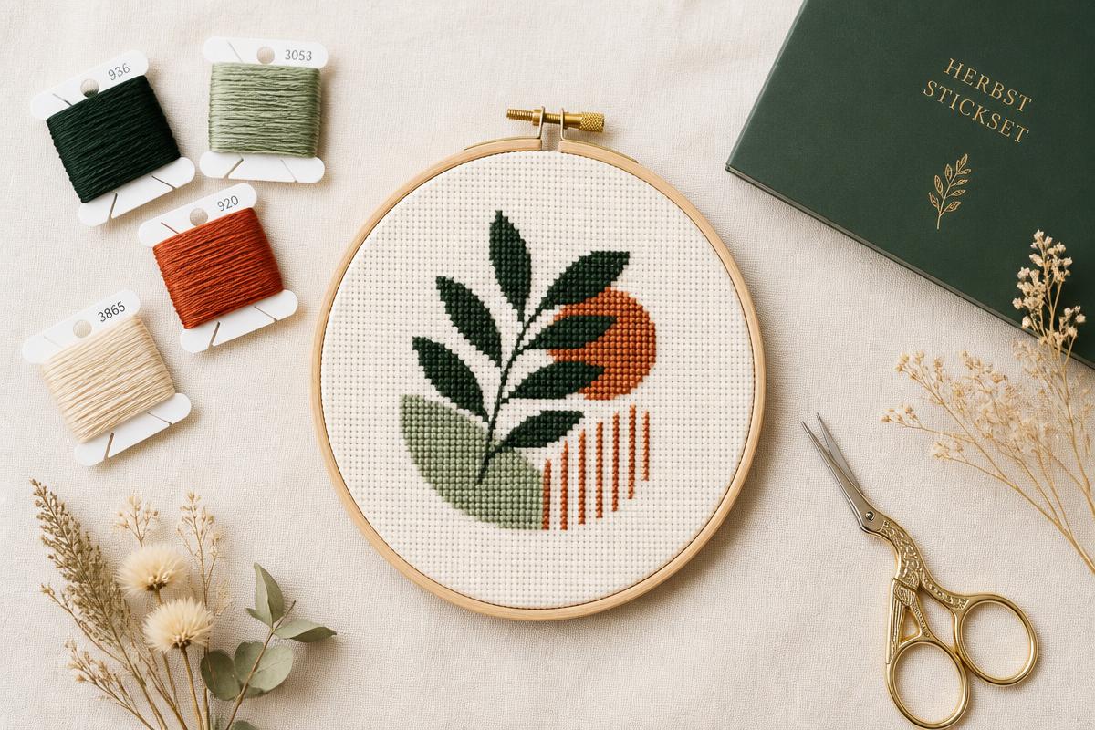 Modern cross-stitch supplies arranged in a clean flat-lay