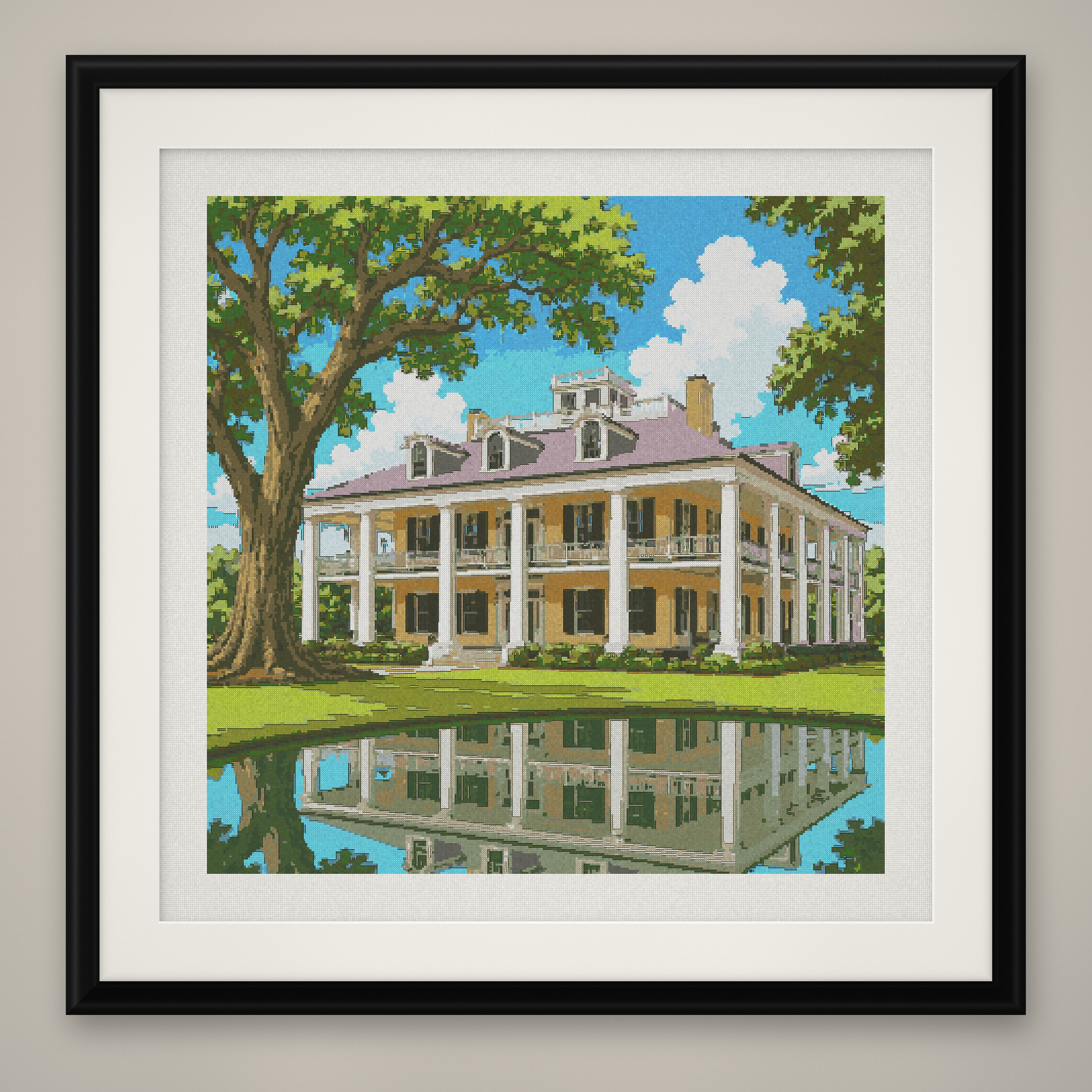 Manor Reflection Cross Stitch Pattern, Antebellum Estate Pond PDF
