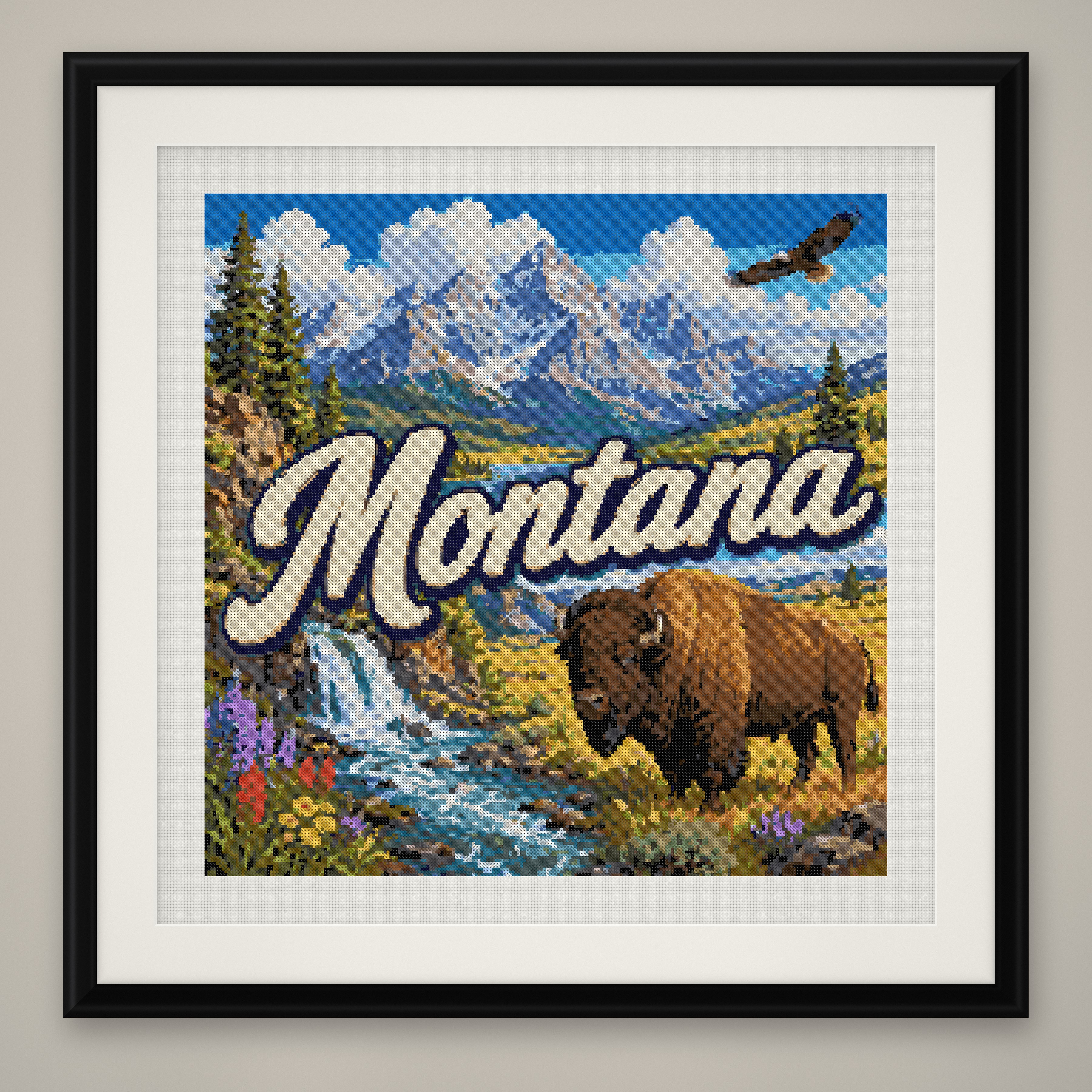 Montana State Cross Stitch Pattern, Vintage Travel Poster Souvenir PDF