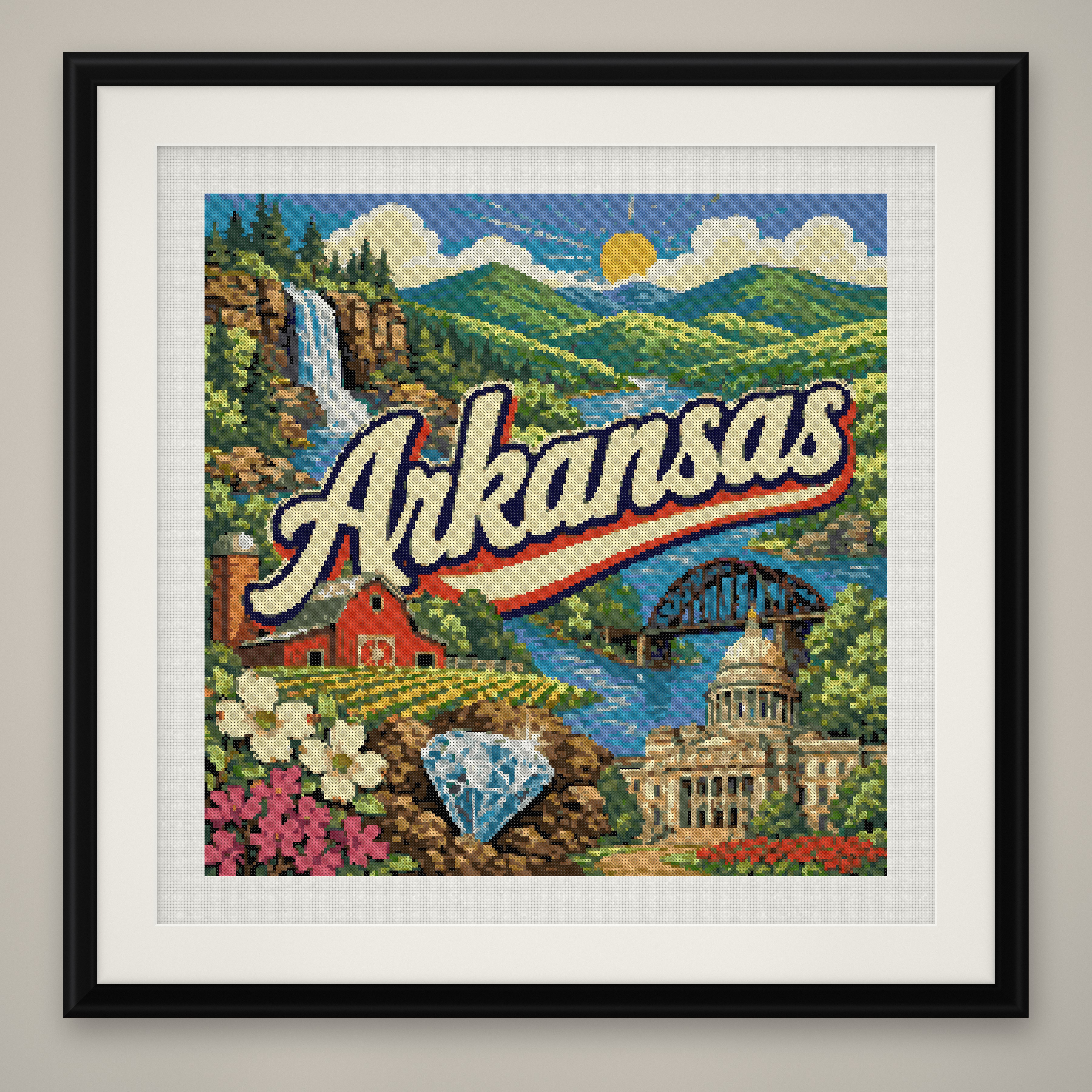 Arkansas State Cross Stitch Pattern, Vintage Travel Poster Souvenir PDF