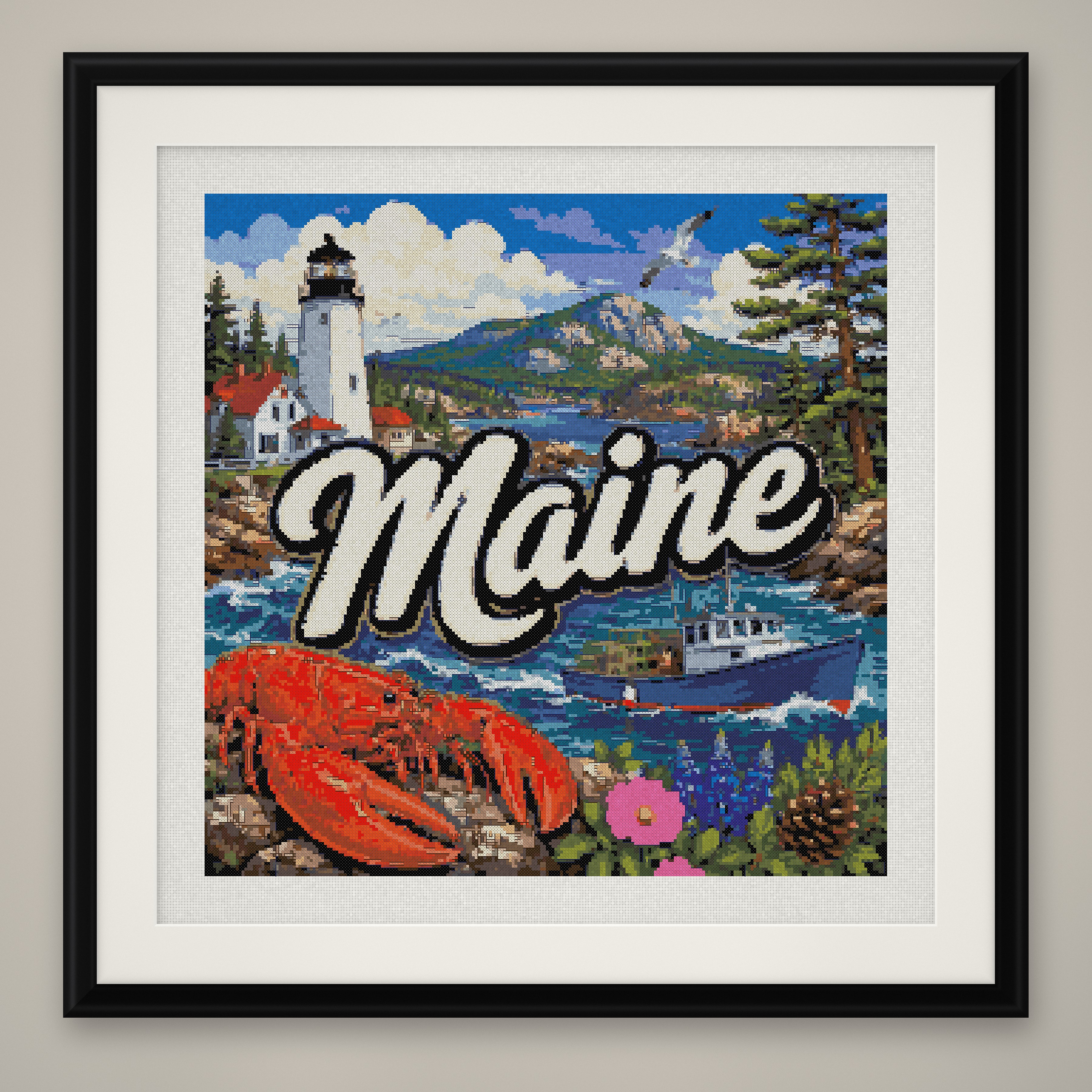 Maine State Cross Stitch Pattern, Vintage Travel Poster Souvenir PDF