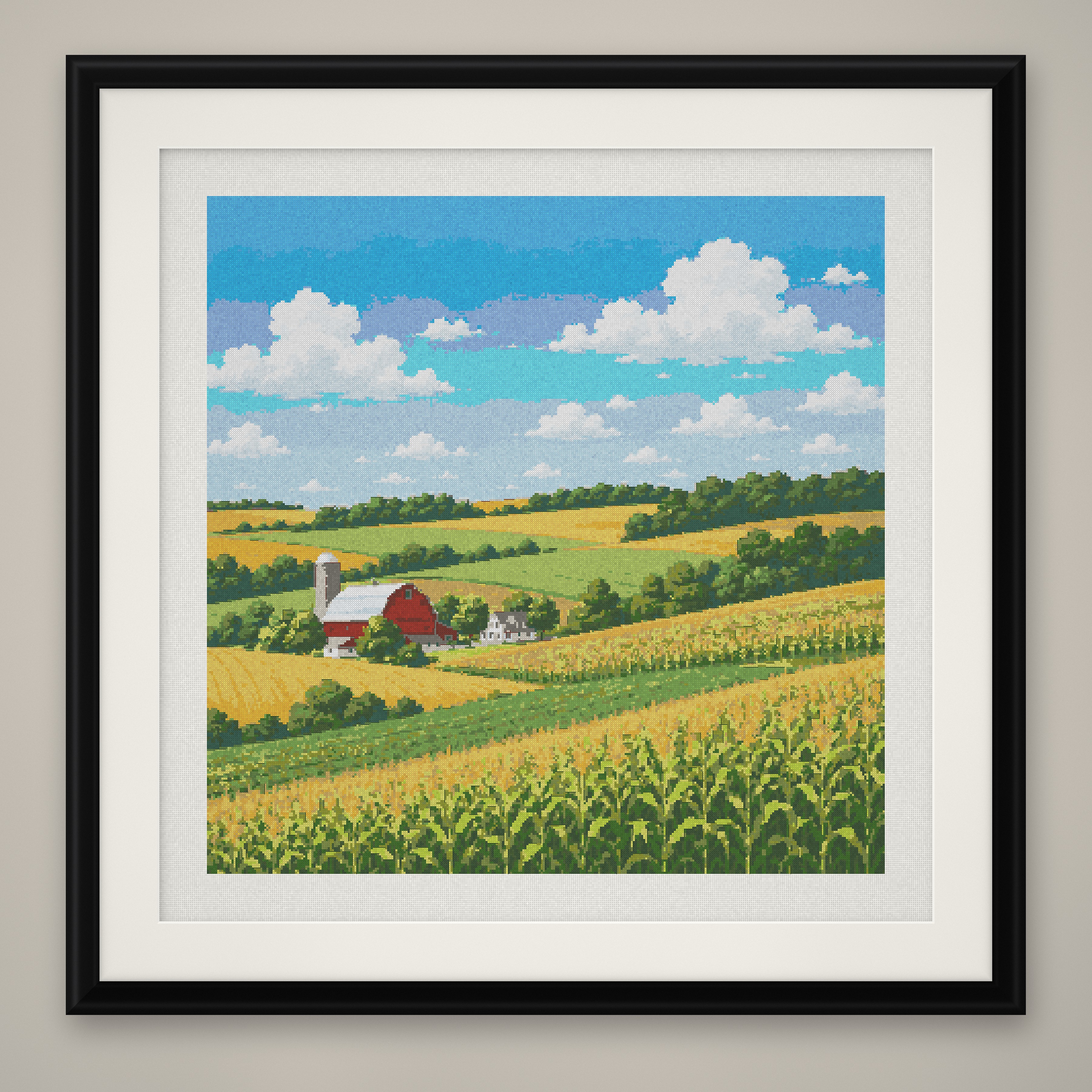 Country Valley Cross Stitch Pattern, Red Barn Farm Bison PDF