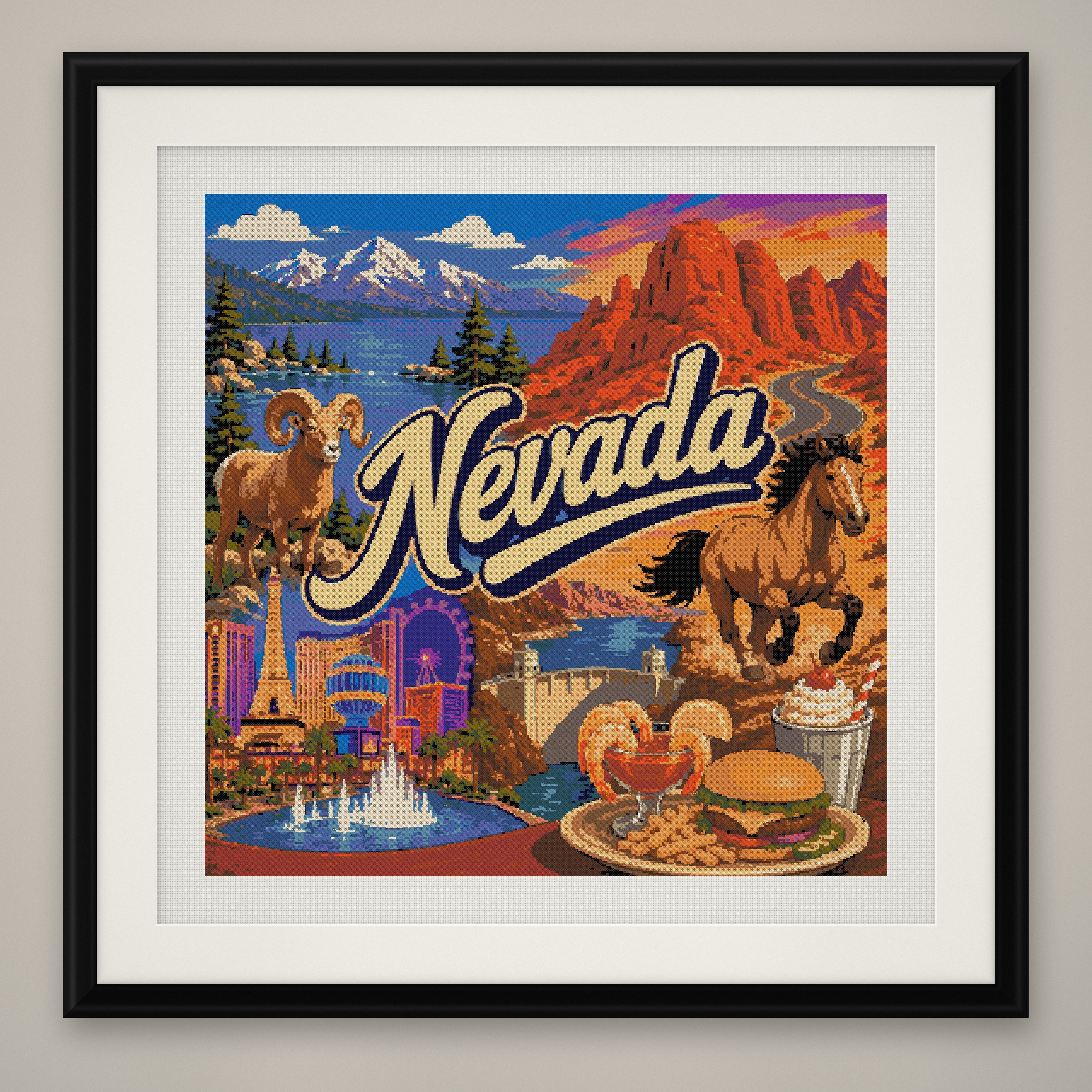 Nevada Cross Stitch Pattern, State Travel Poster Landscape Wall Art PDF