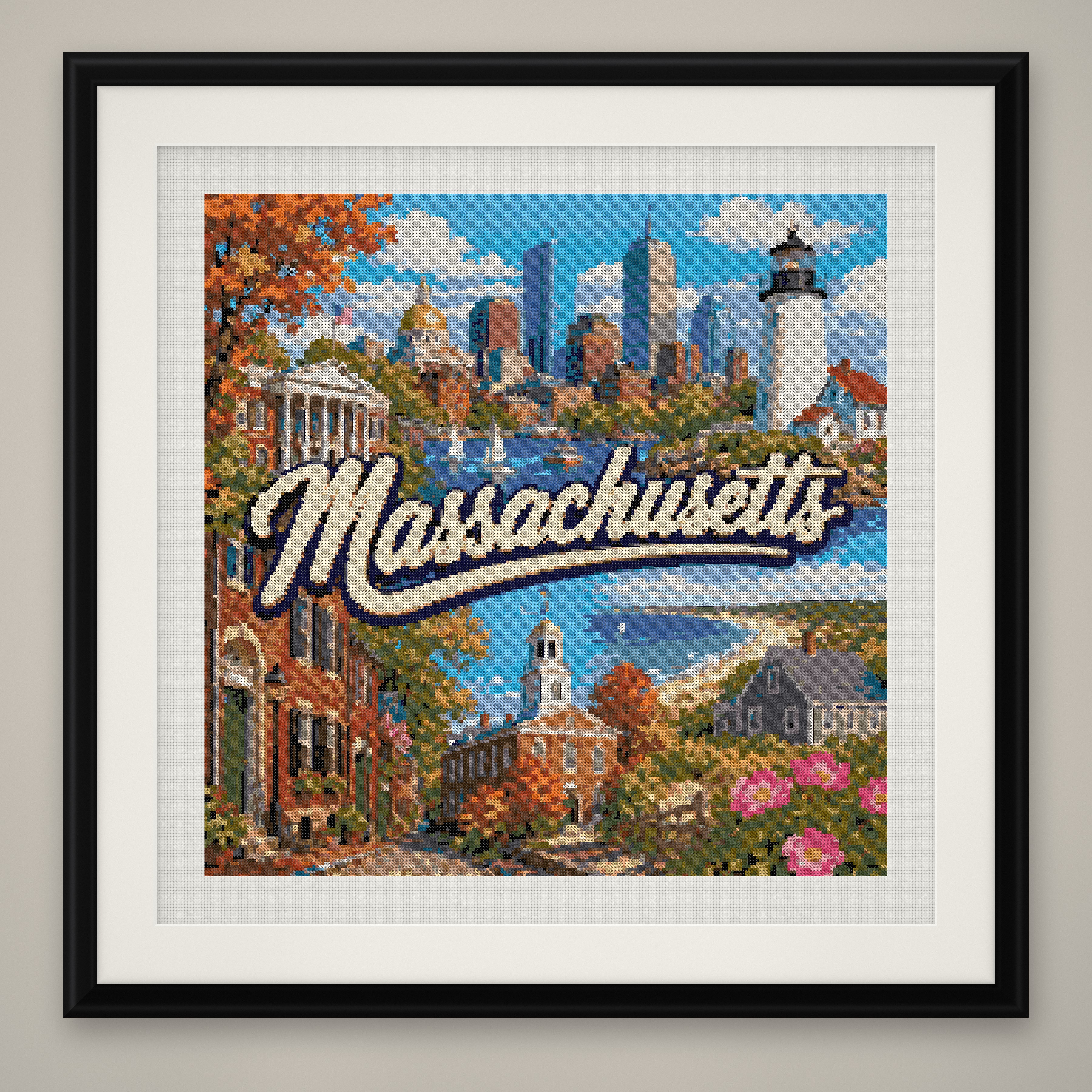 Massachusetts State Cross Stitch Pattern, Vintage Travel Poster Souvenir PDF