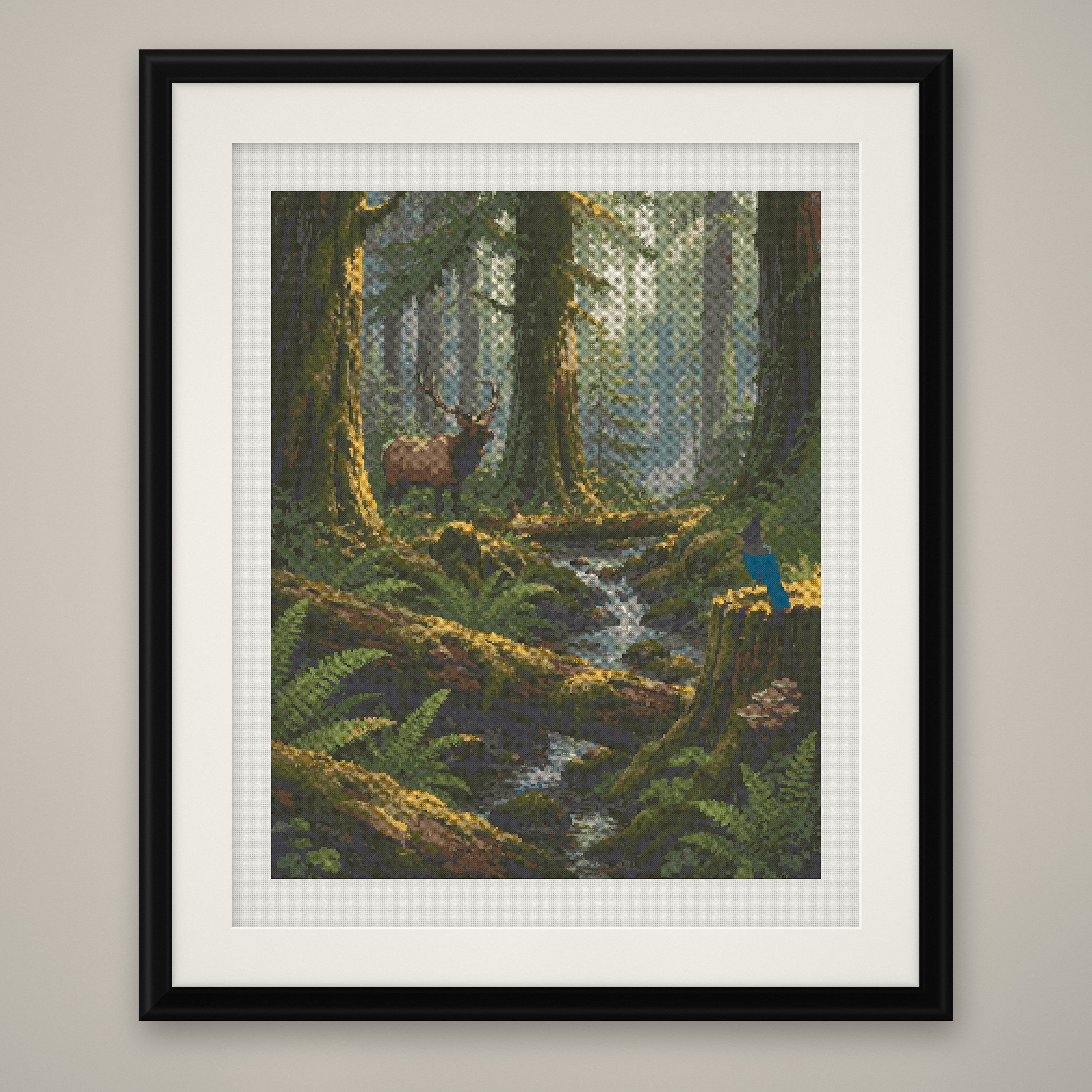 Forest Deer Cross Stitch Pattern, Misty Woodland Stream Stag PDF