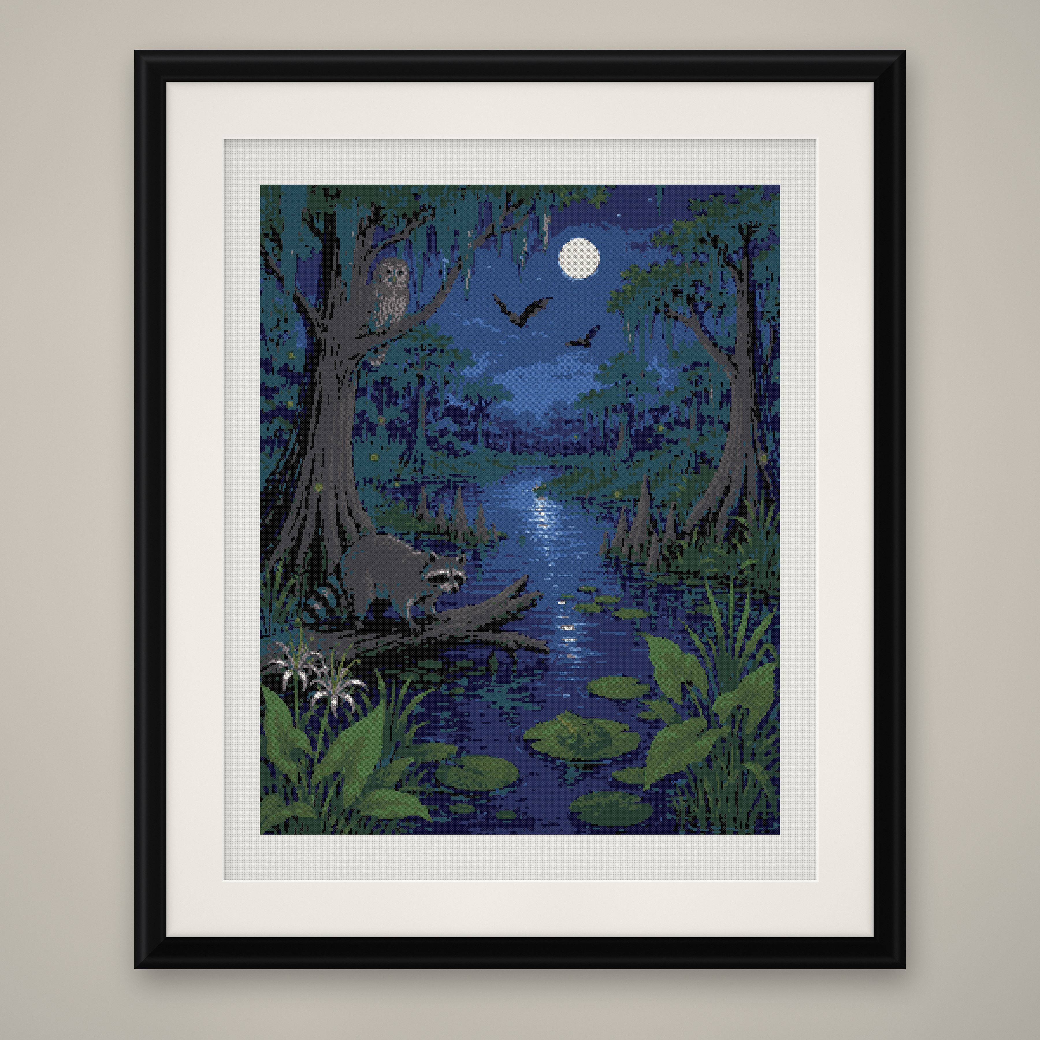 Moonlit Swamp Cross Stitch Pattern, Cypress Bayou Full Moon Night PDF