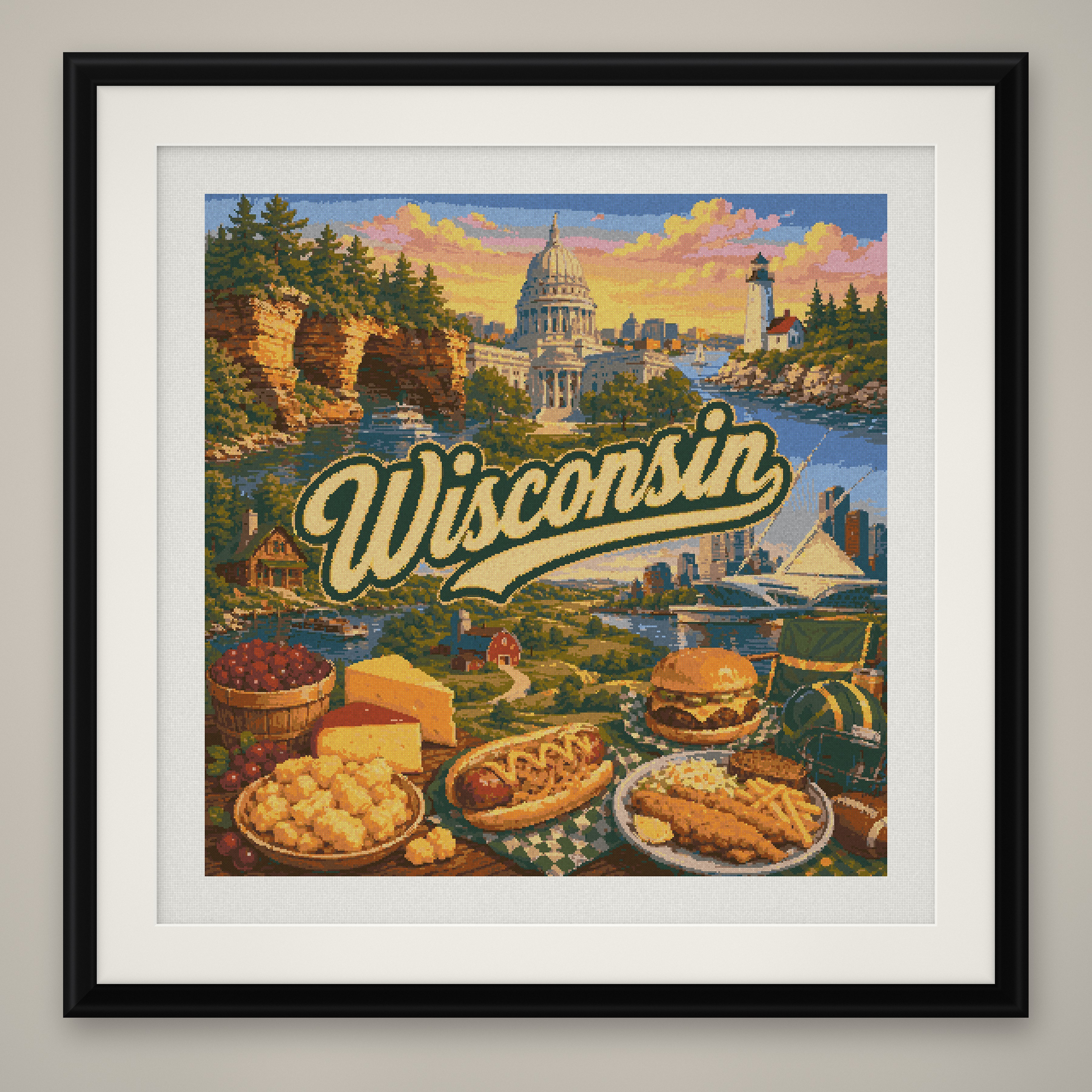 Wisconsin Cross Stitch Pattern, State Travel Poster Landscape Wall Art PDF