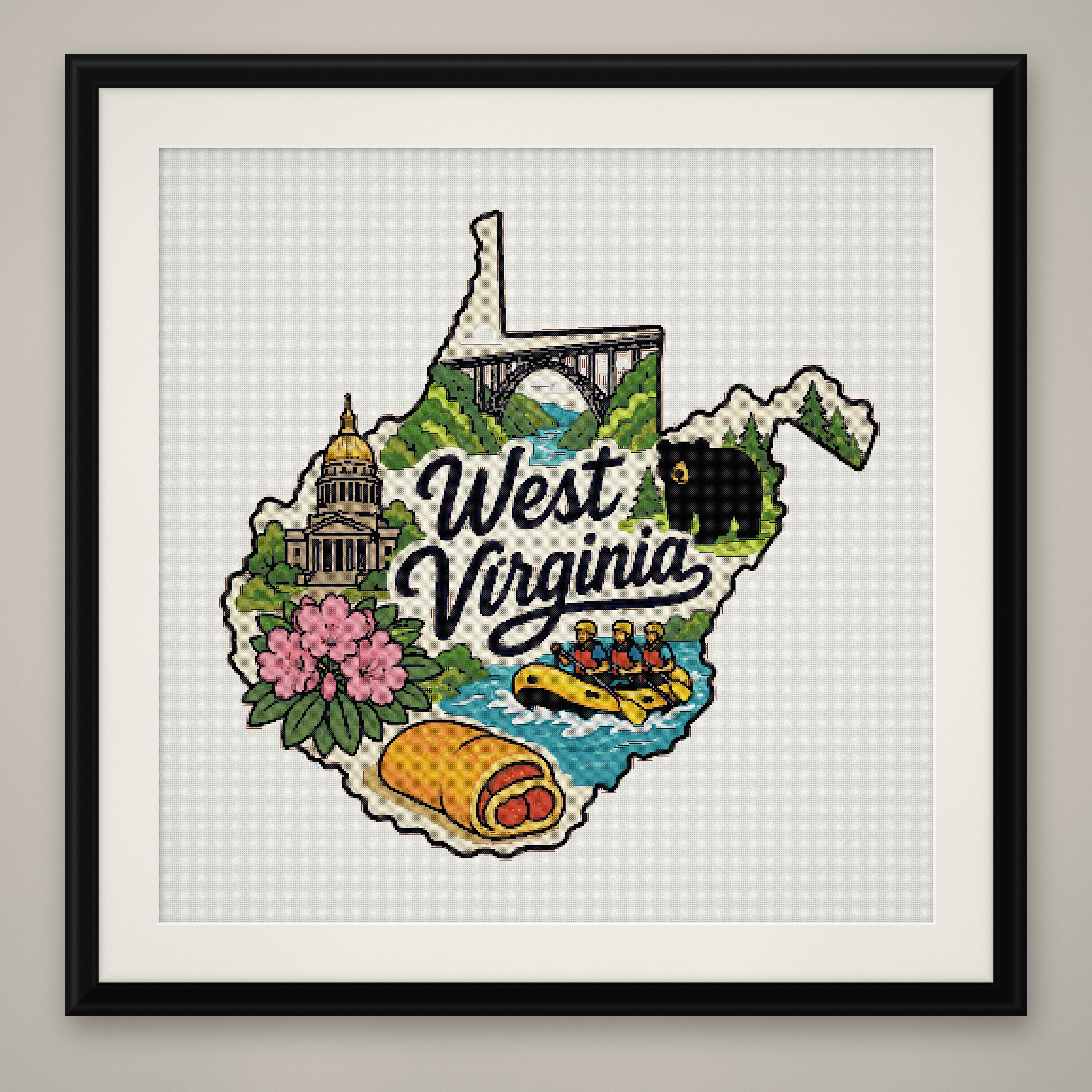 West Virginia State Cross Stitch Pattern, State Shape Travel Souvenir PDF