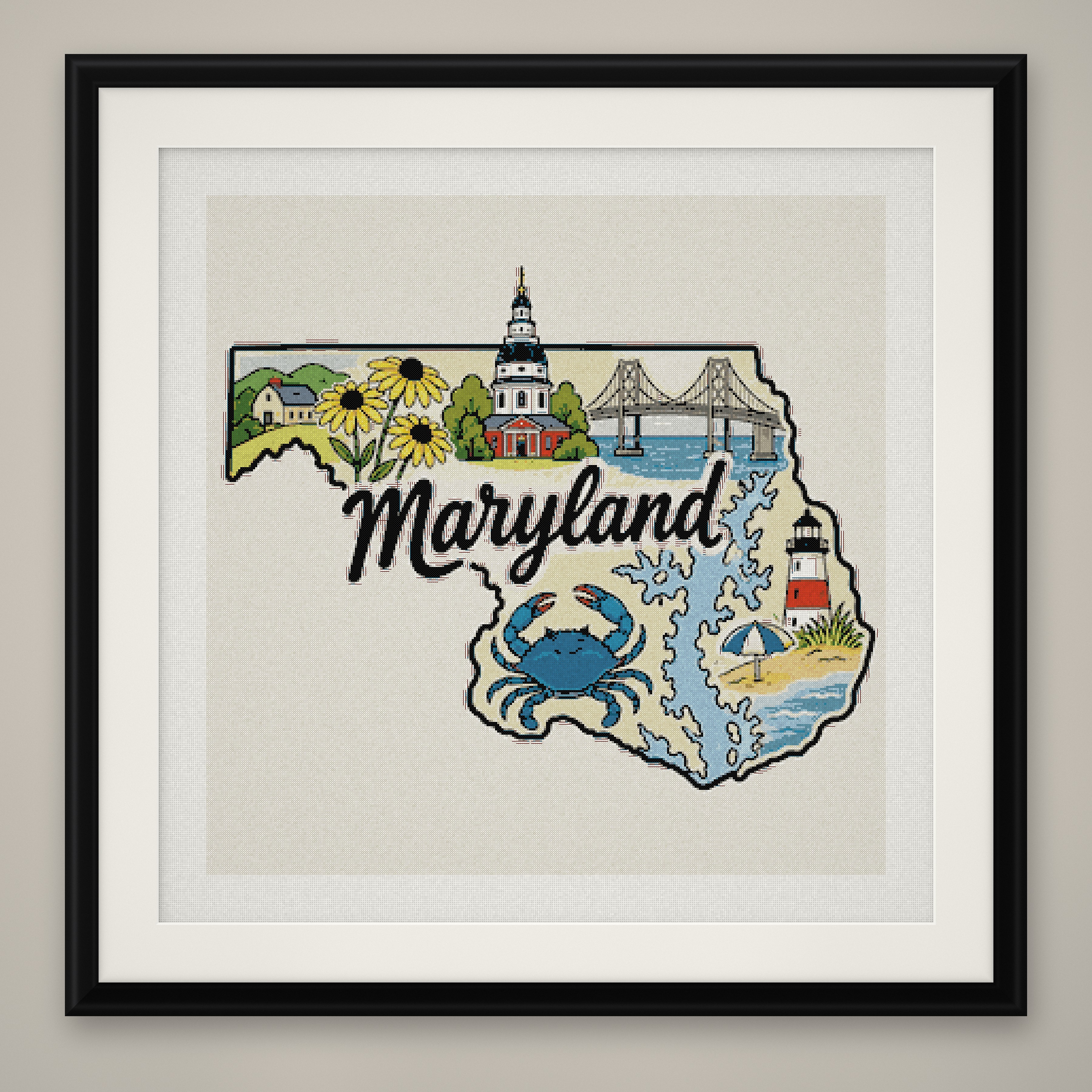 Maryland State Cross Stitch Pattern, State Shape Travel Souvenir PDF