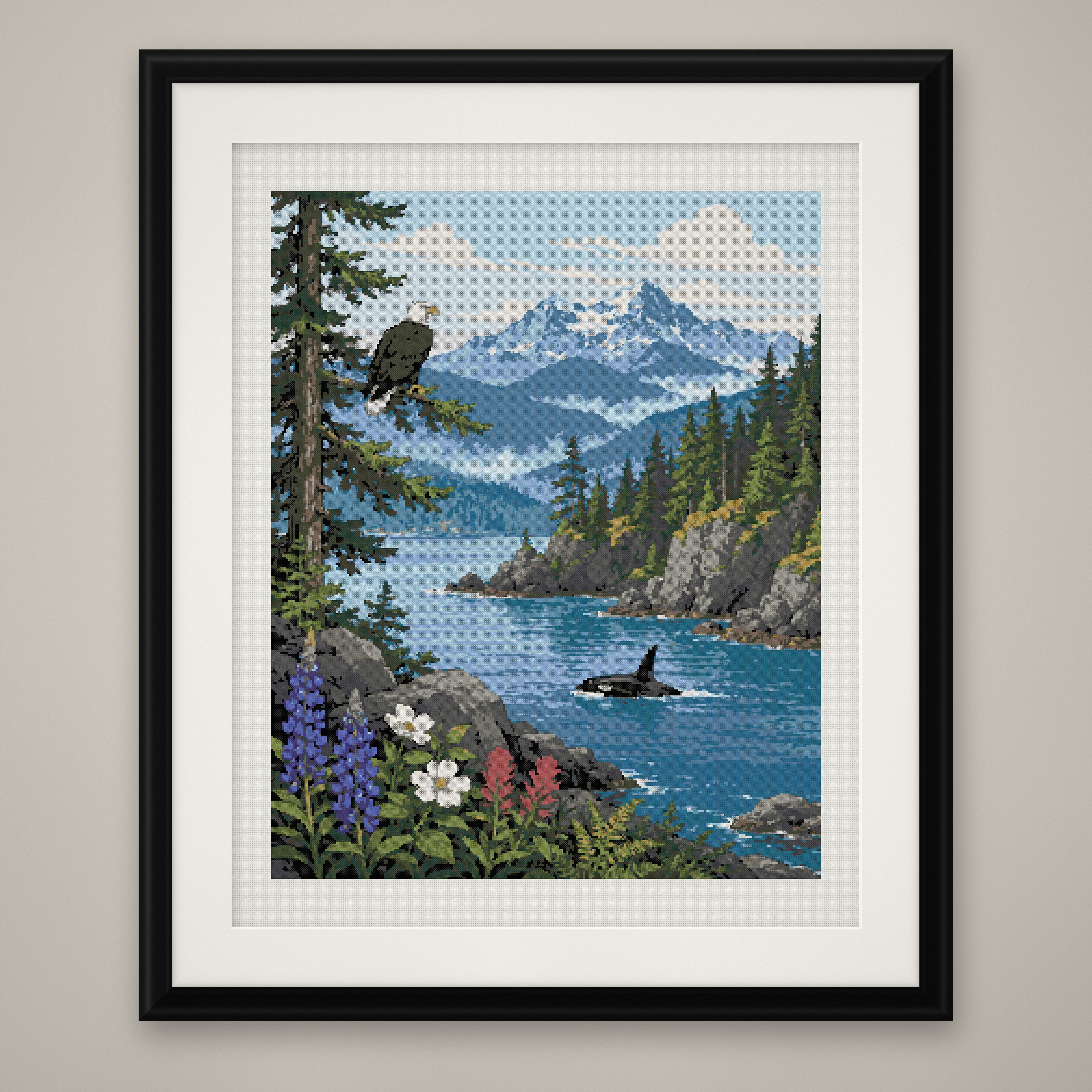 Orca Mountain Cross Stitch Pattern, Killer Whale Eagle Fjord PDF