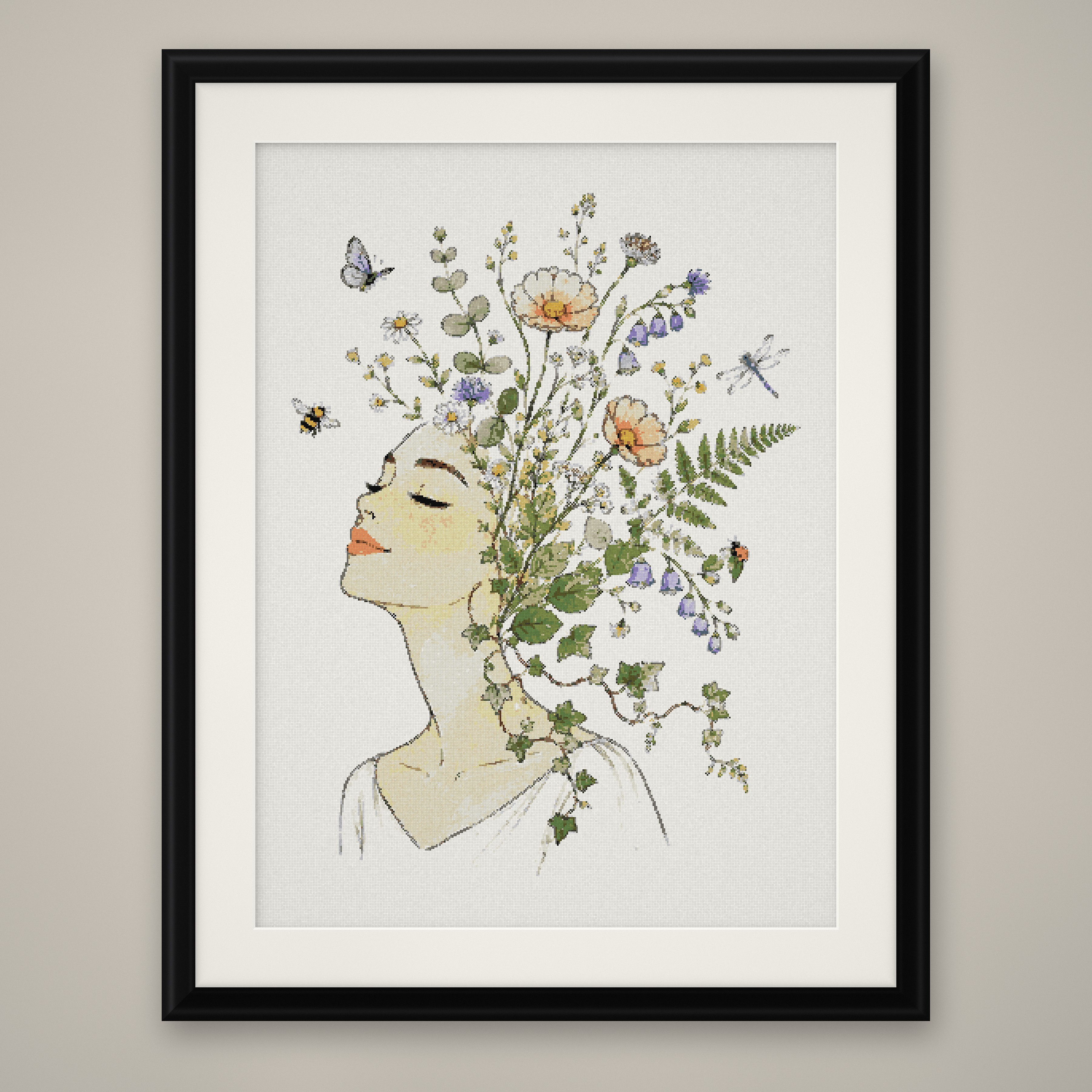 White Floral Hair Woman Cross Stitch Pattern, Wildflower Portrait PDF