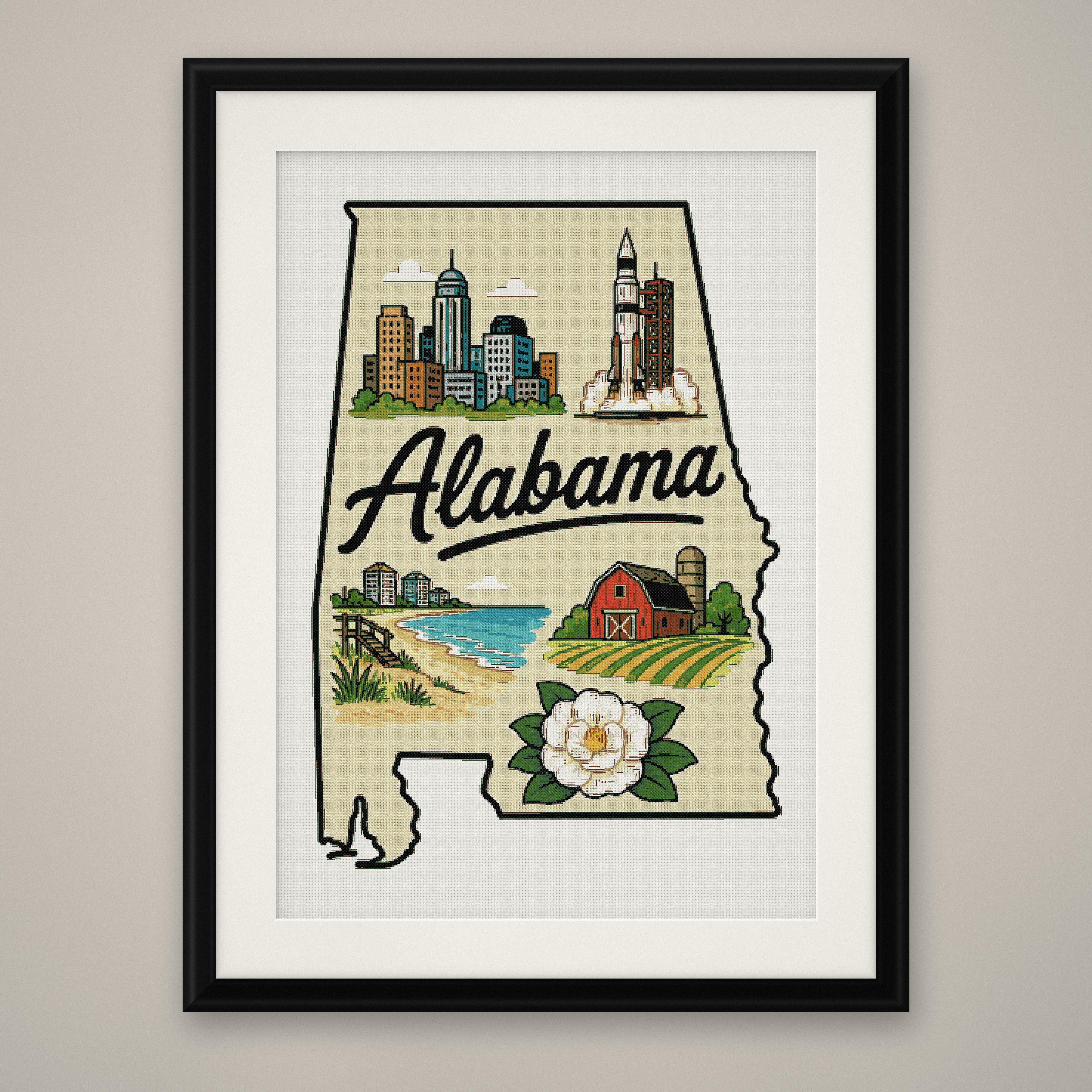 Alabama State Cross Stitch Pattern, State Shape Travel Souvenir PDF