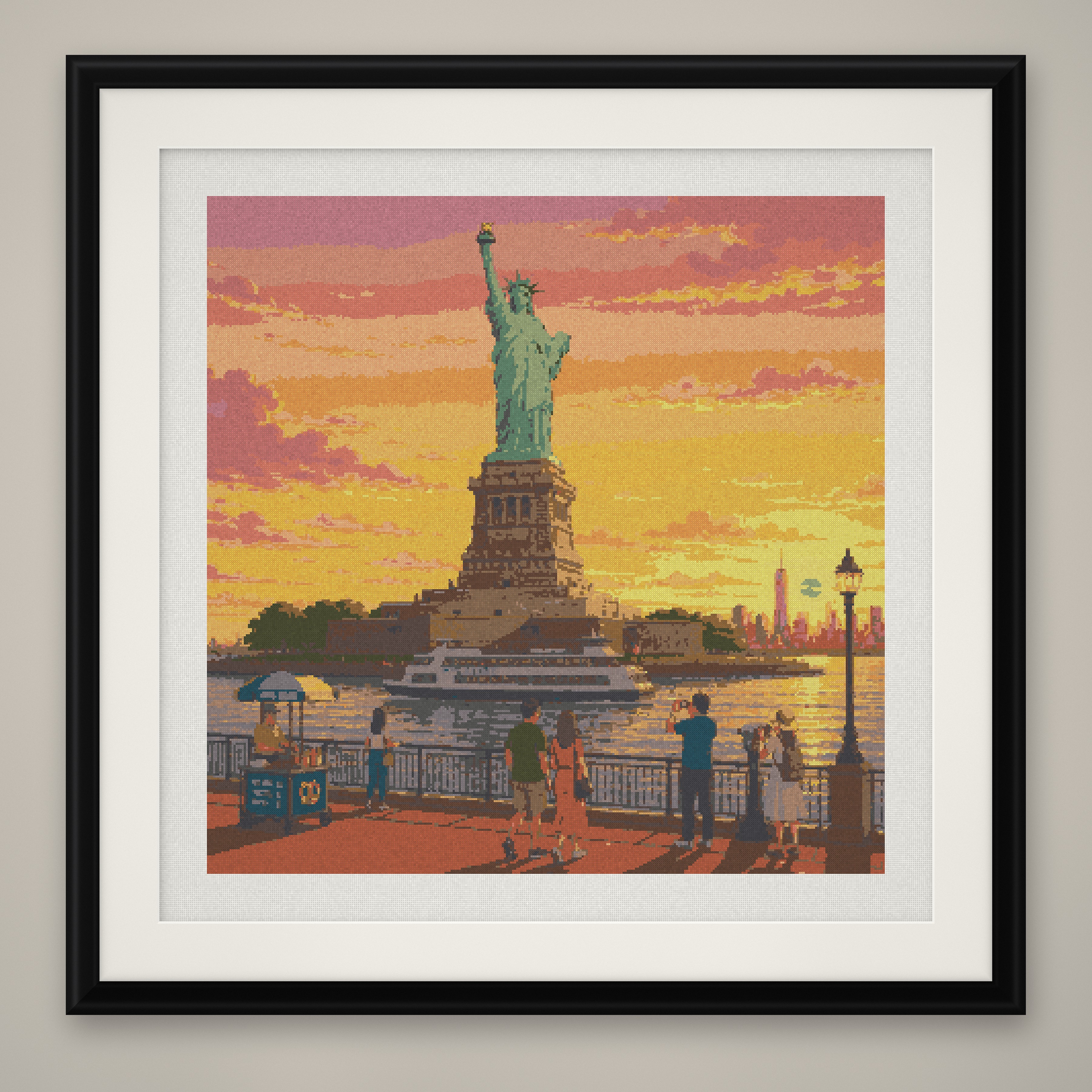 Statue of Liberty Sunset Cross Stitch Pattern, NYC Harbor Skyline PDF