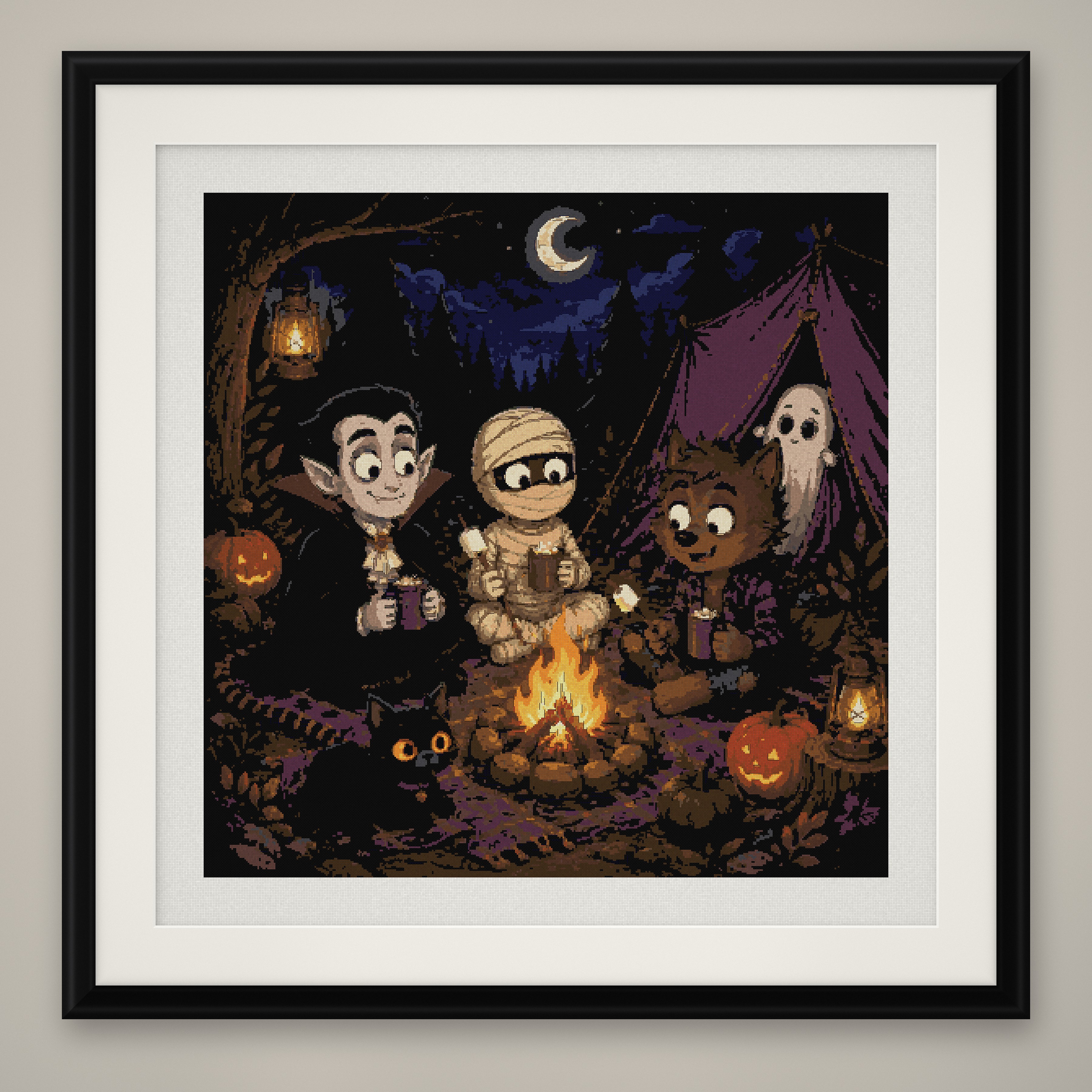 Monster Campfire Cross Stitch Pattern, Halloween Camping PDF