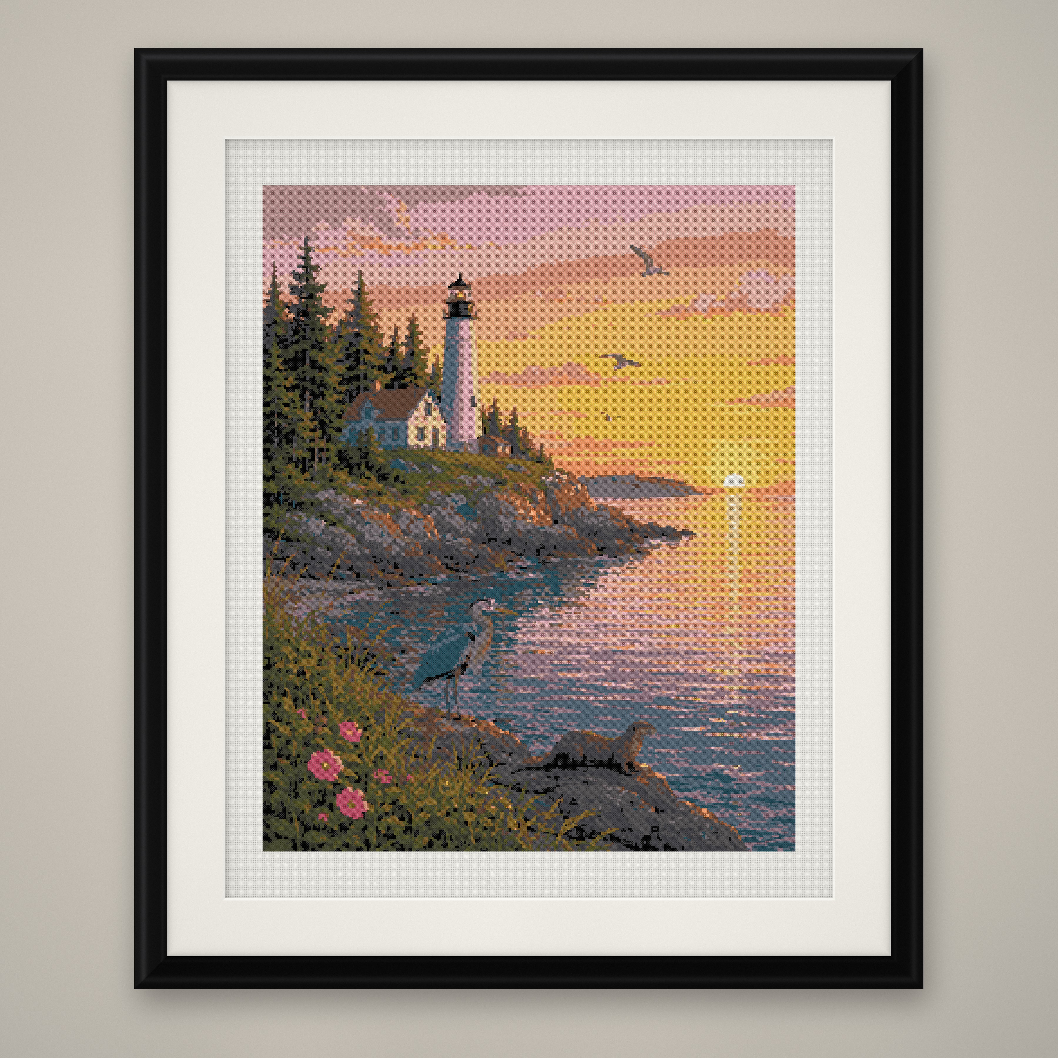 Coastal Lighthouse Sunset Cross Stitch Pattern, Heron & Otter Seascape PDF