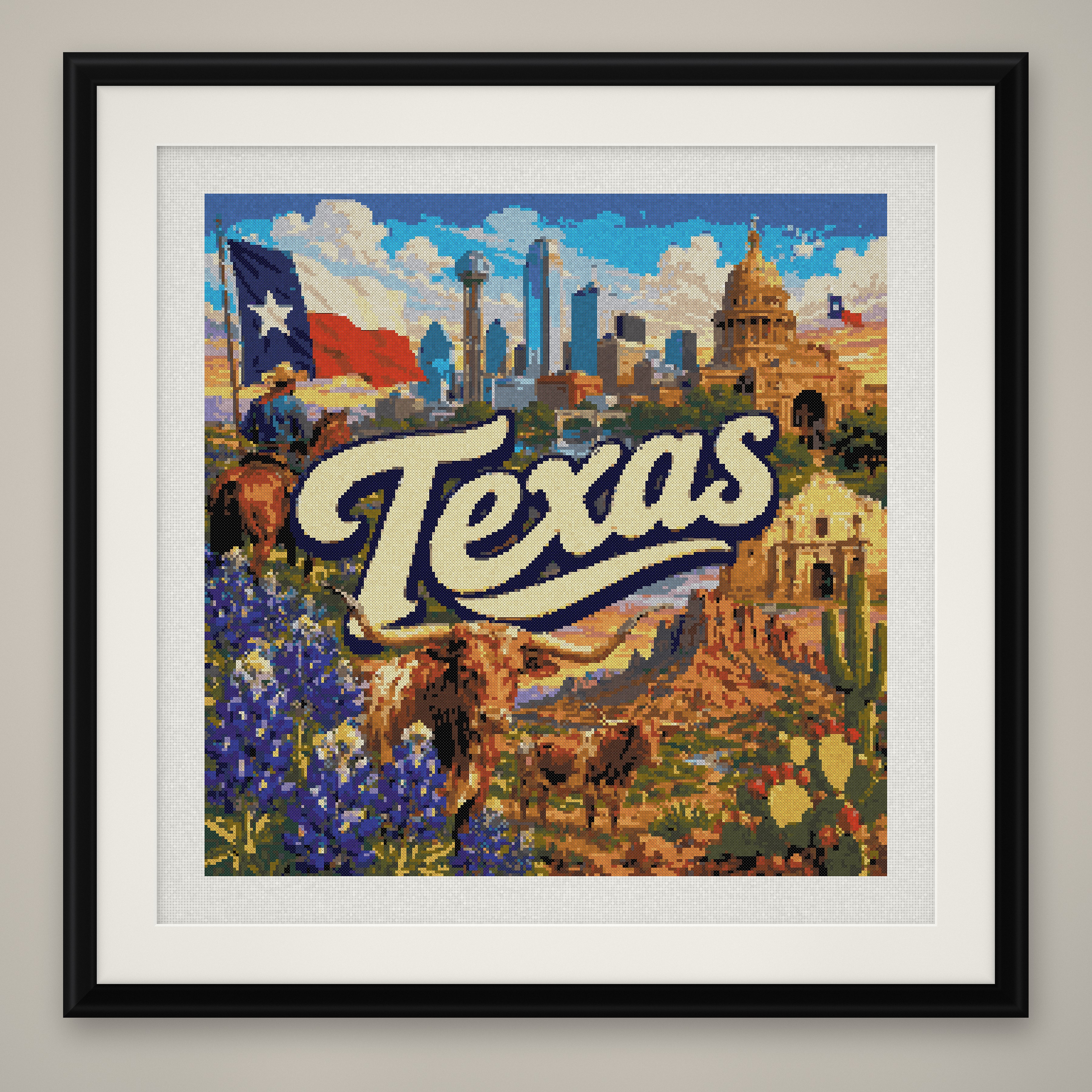 Texas State Cross Stitch Pattern, Vintage Travel Poster Souvenir PDF