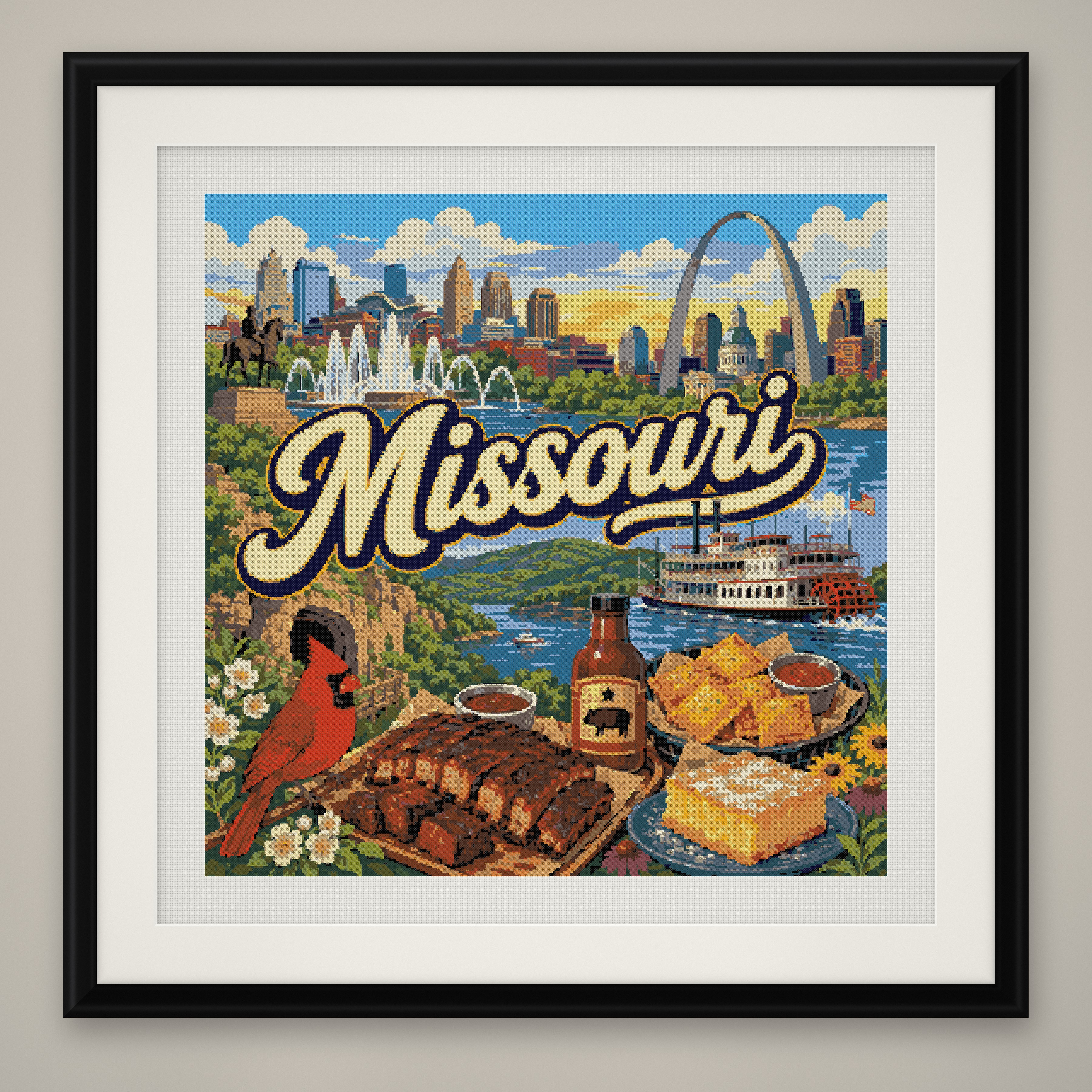 Missouri Cross Stitch Pattern, State Travel Poster Landscape Wall Art PDF