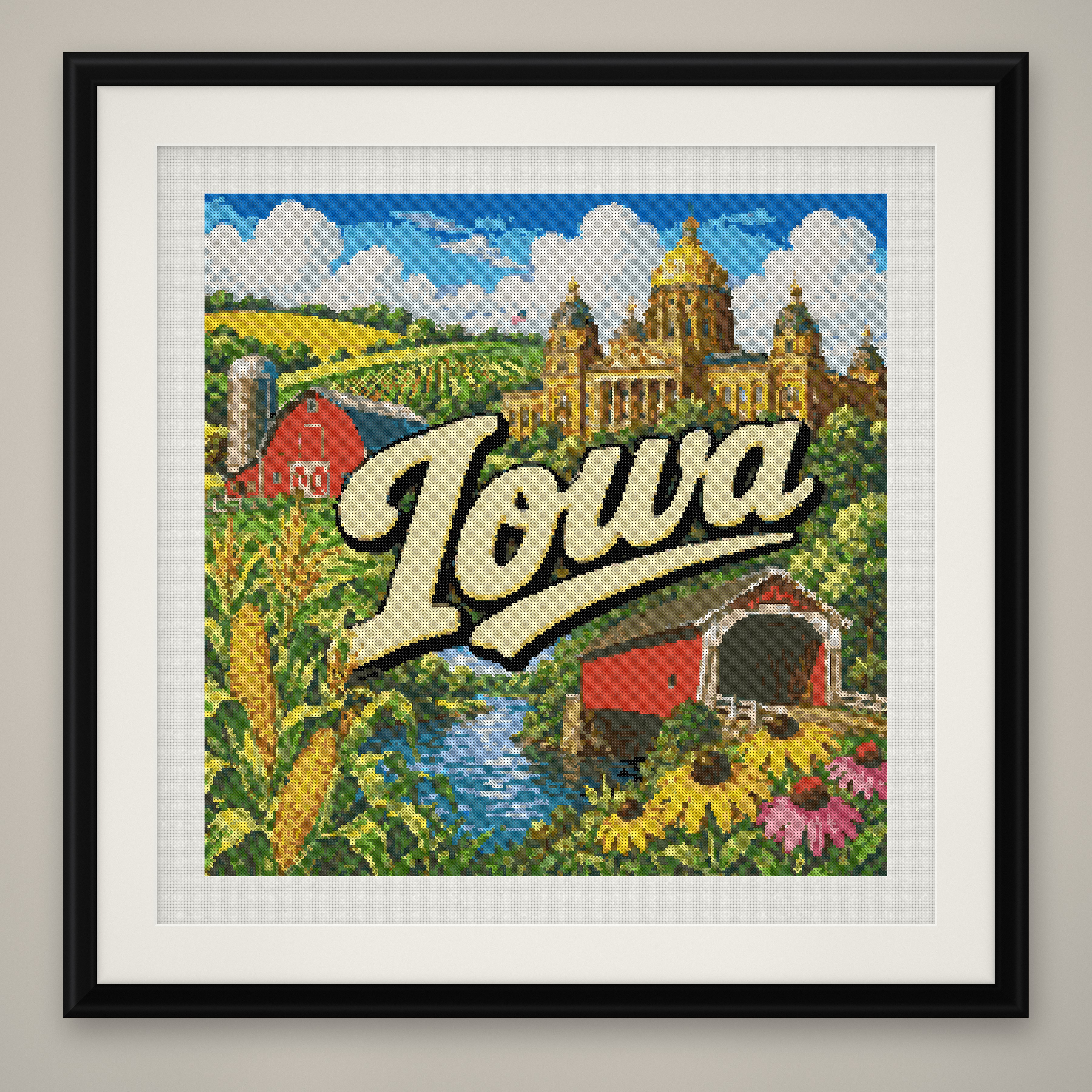 Iowa State Cross Stitch Pattern, Vintage Travel Poster Souvenir PDF