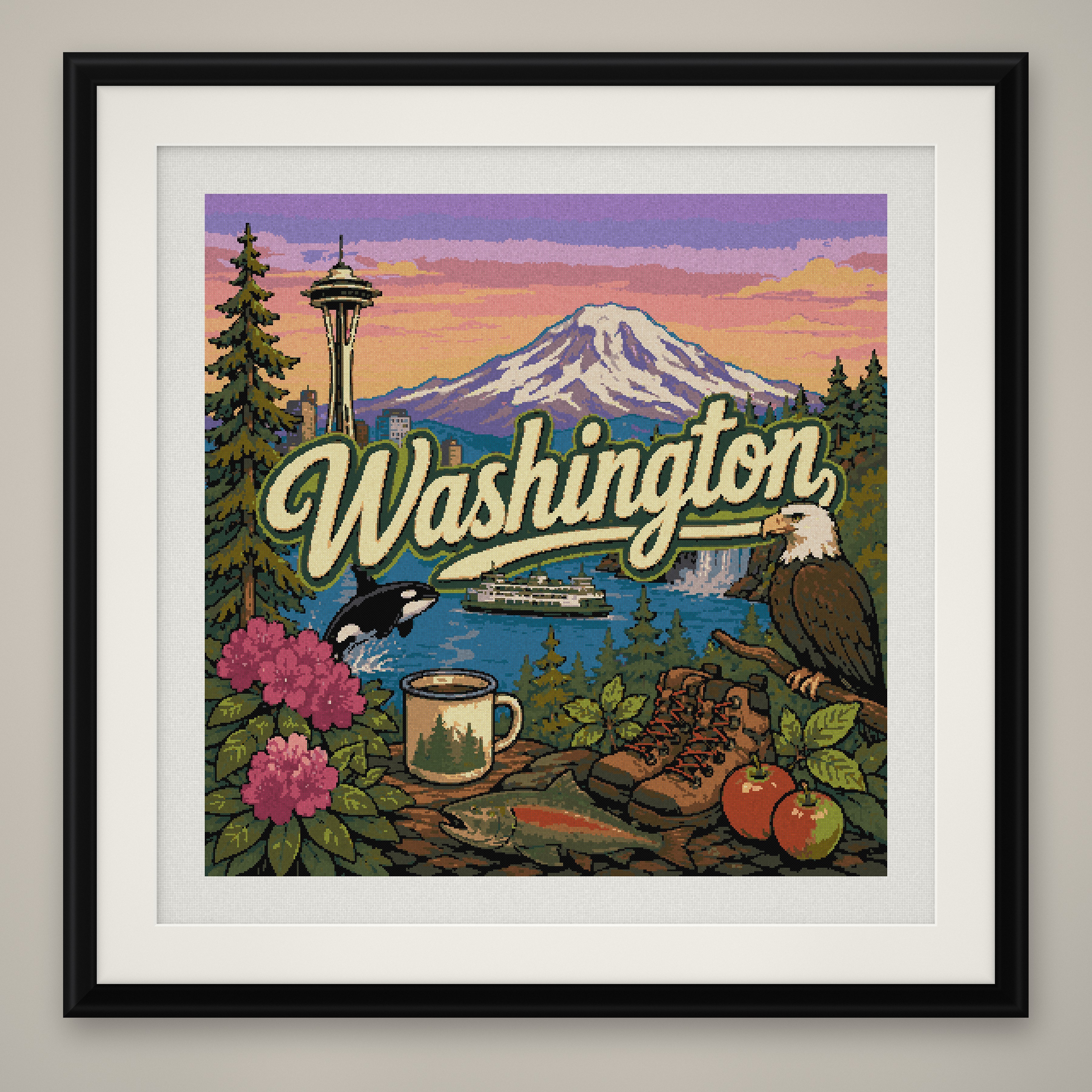 Washington Cross Stitch Pattern, State Travel Poster Landscape Wall Art PDF