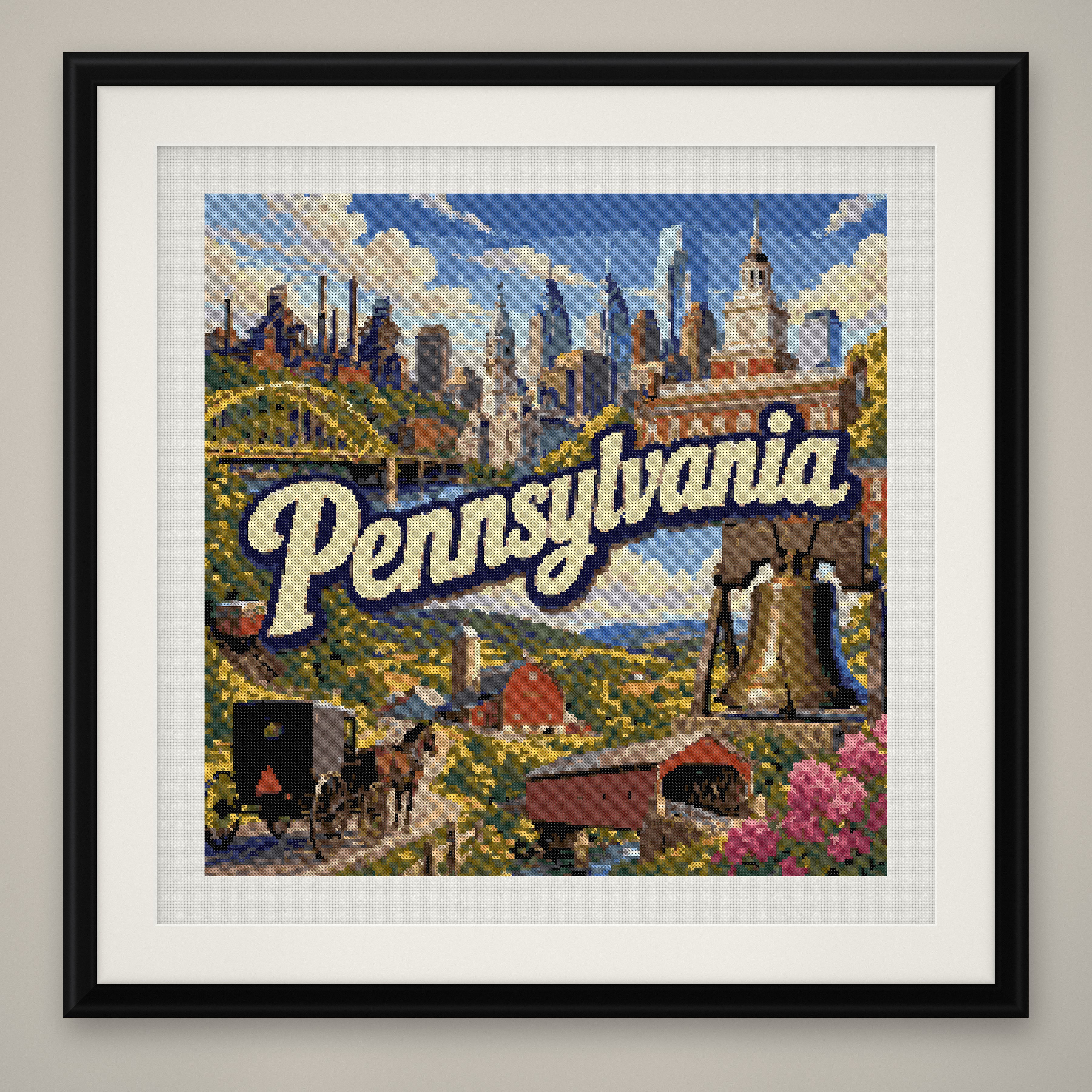 Pennsylvania State Cross Stitch Pattern, Vintage Travel Poster Souvenir PDF