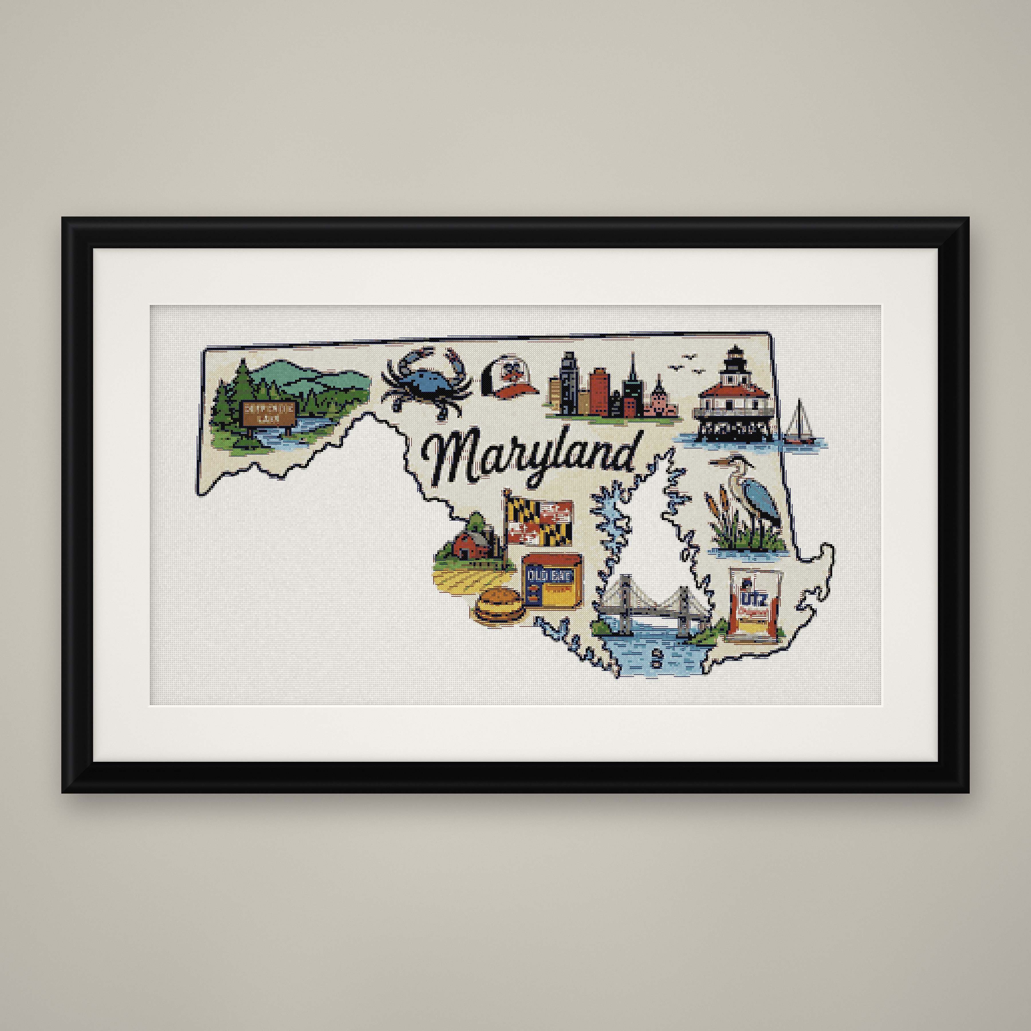 Maryland State Cross Stitch Pattern, State Shape Travel Souvenir PDF
