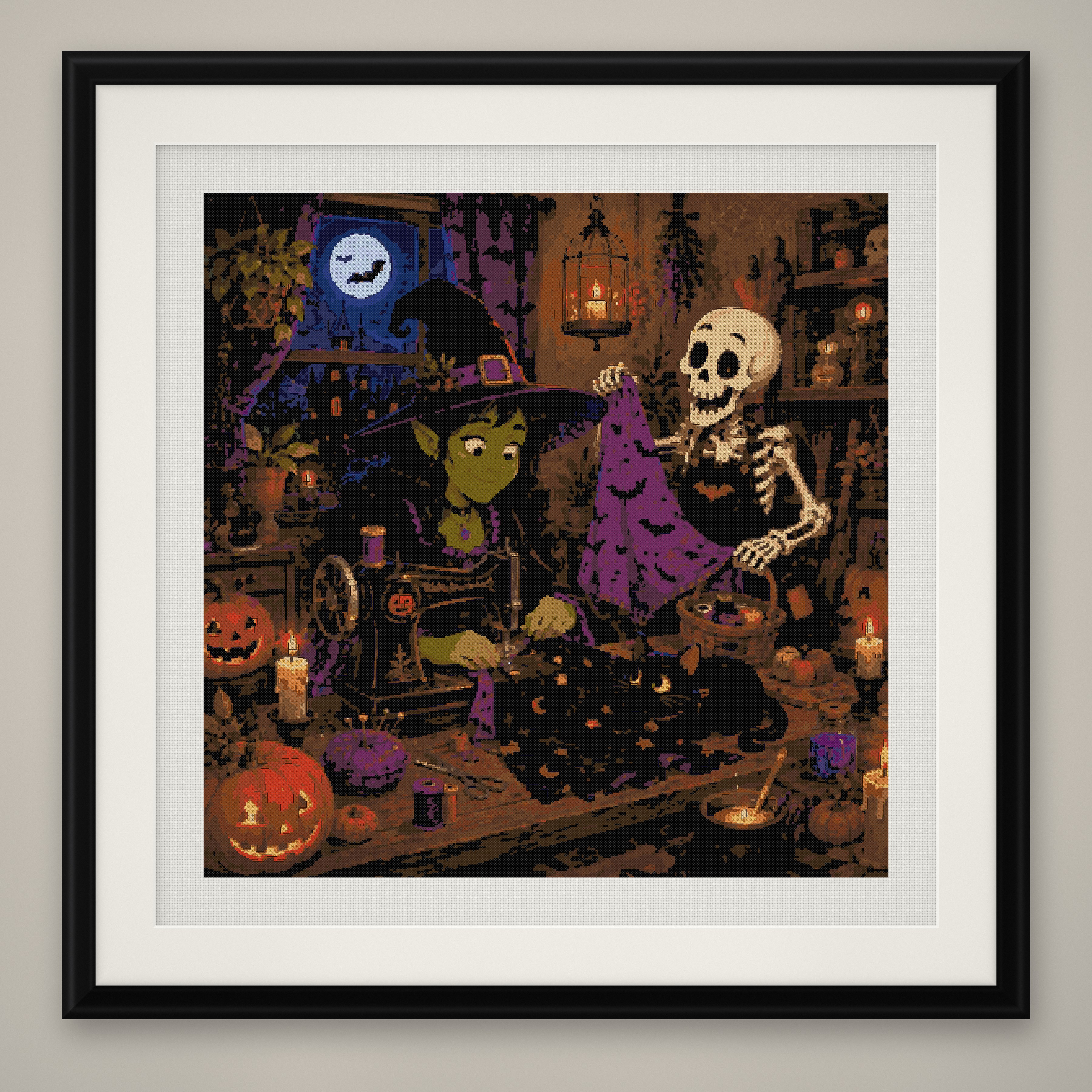 Witch Sewing Cross Stitch Pattern, Skeleton Craft Room PDF