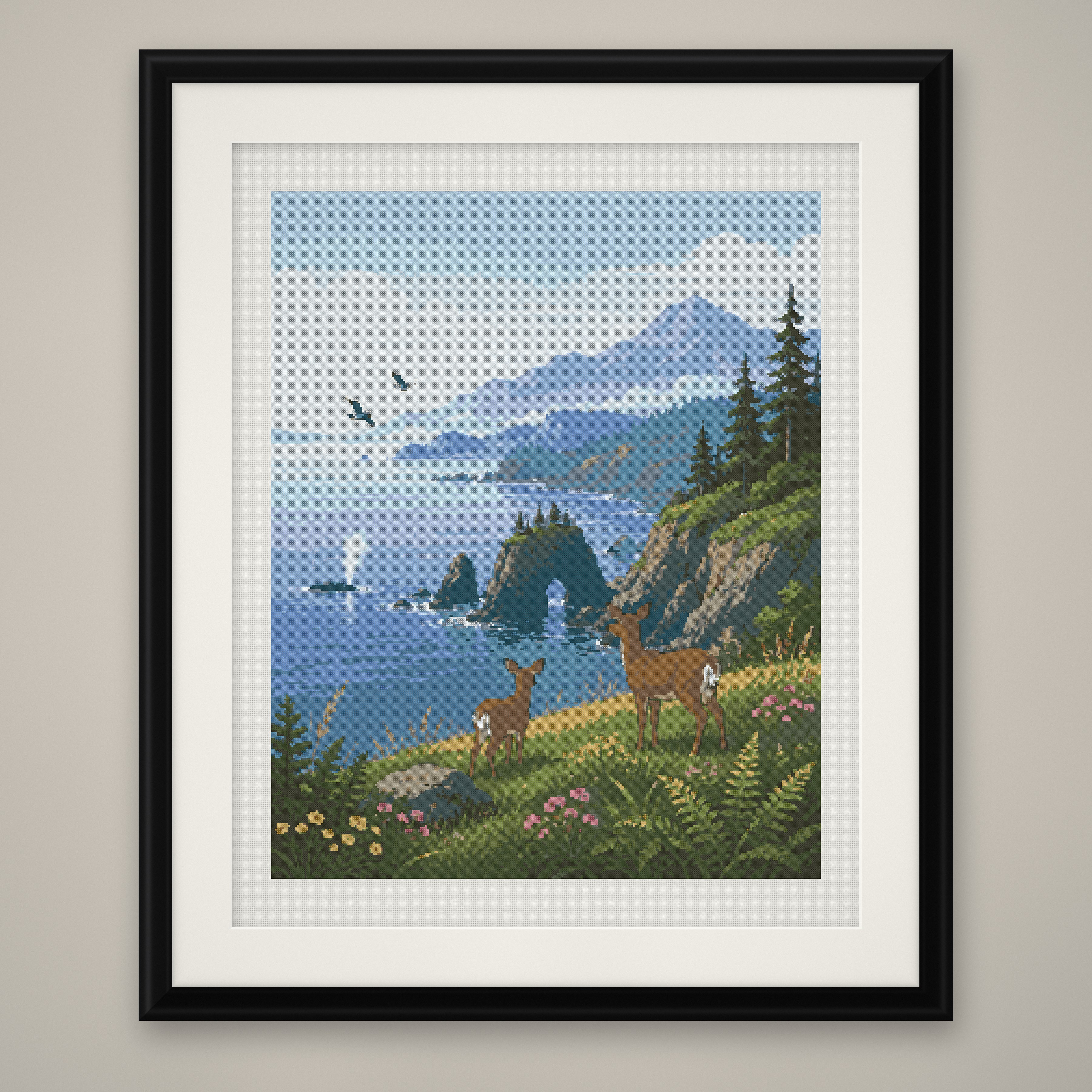 Coastal Cliff Cross Stitch Pattern, Deer Ocean Sea Stack View PDF