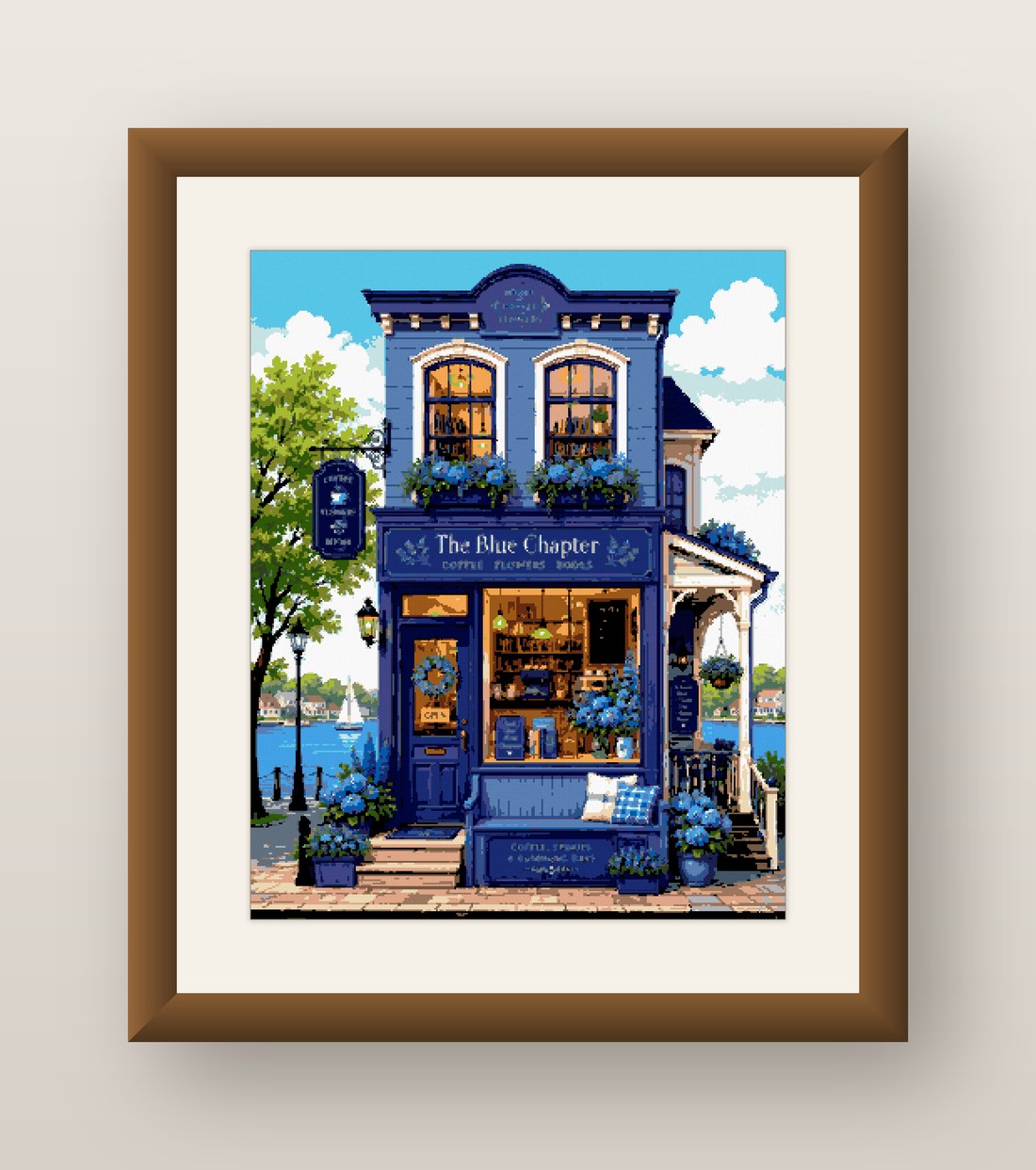 Blue Bookshop Cross Stitch Pattern, The Blue Chapter Coastal Shop PDF