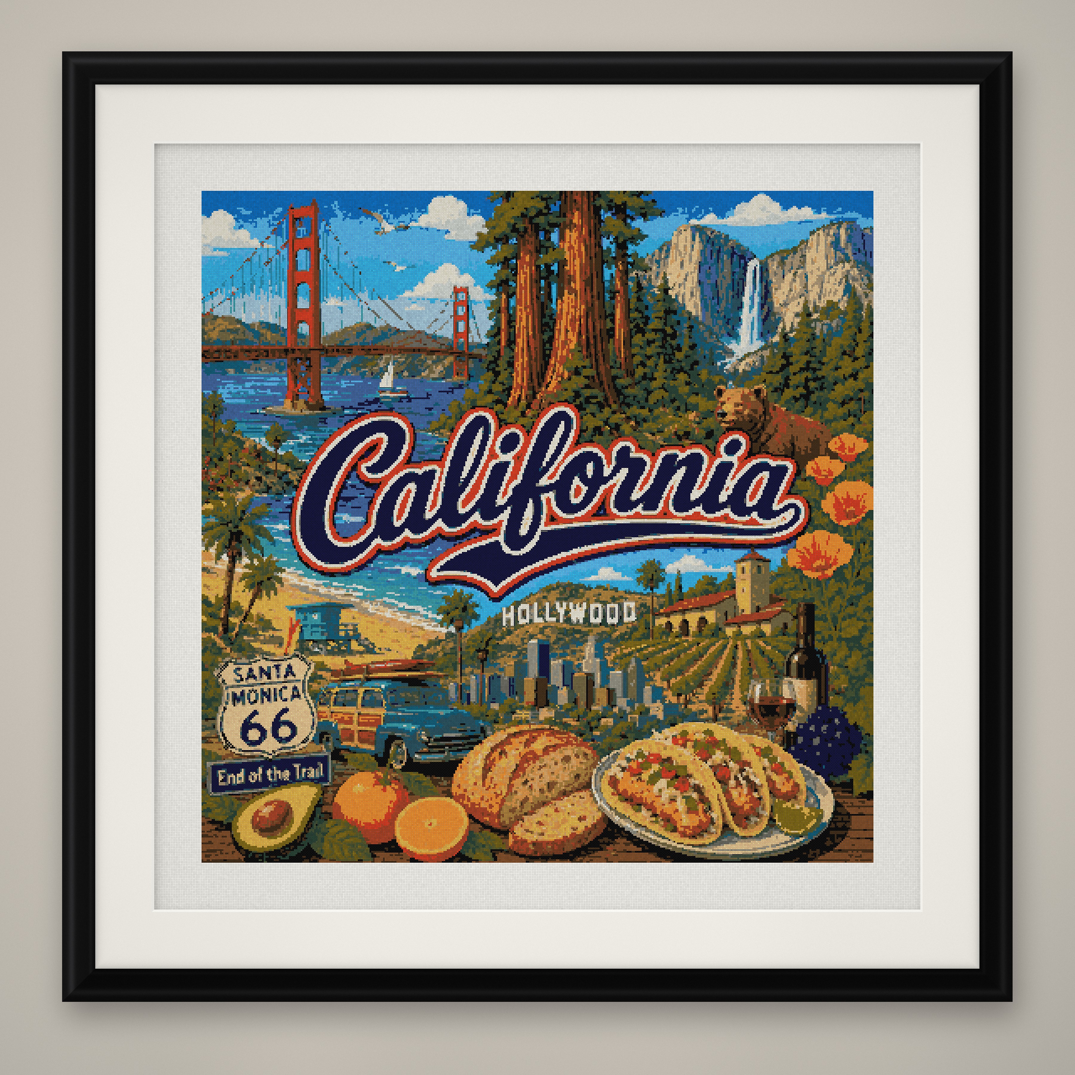 California Cross Stitch Pattern, State Travel Poster Landscape Wall Art PDF