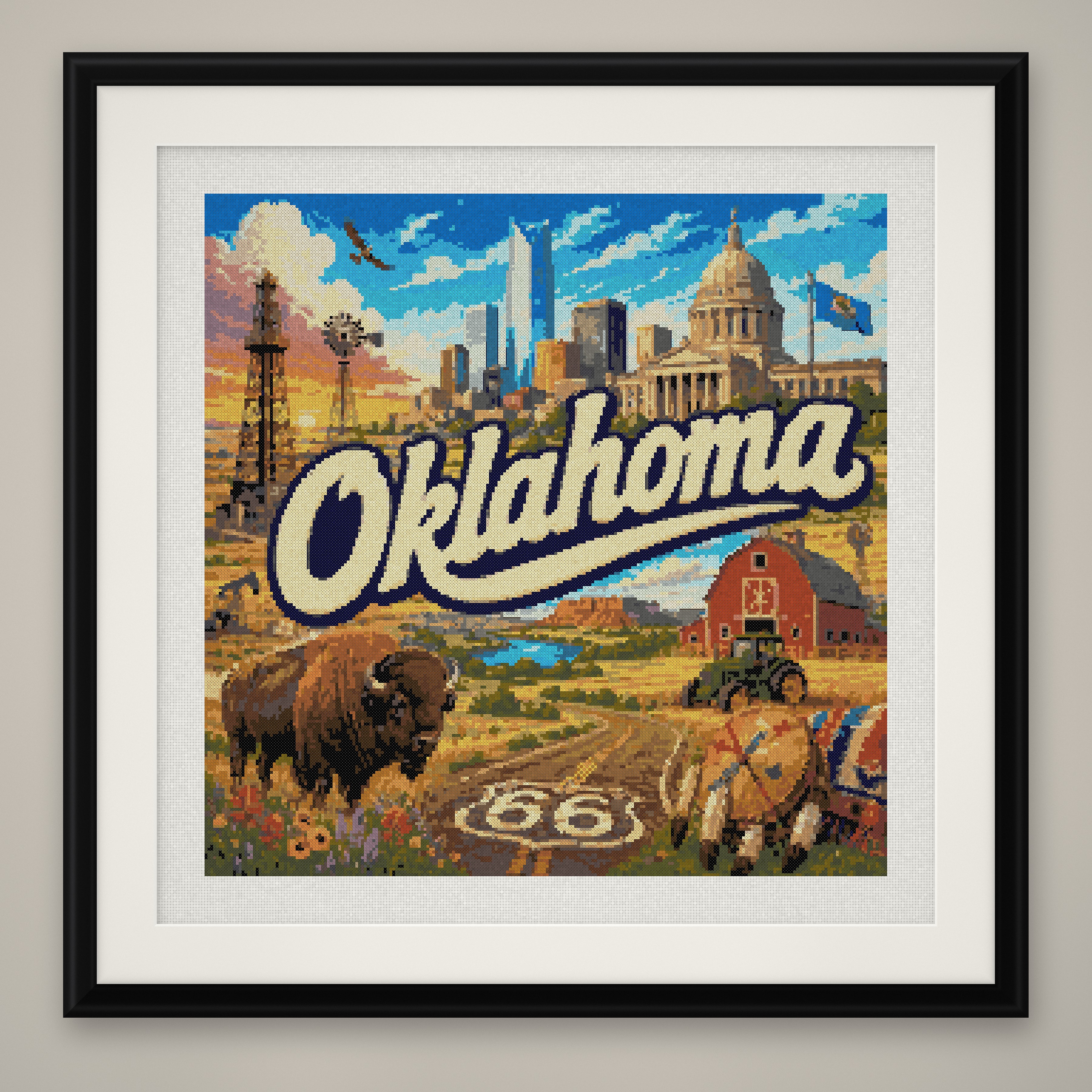 Oklahoma State Cross Stitch Pattern, Vintage Travel Poster Souvenir PDF