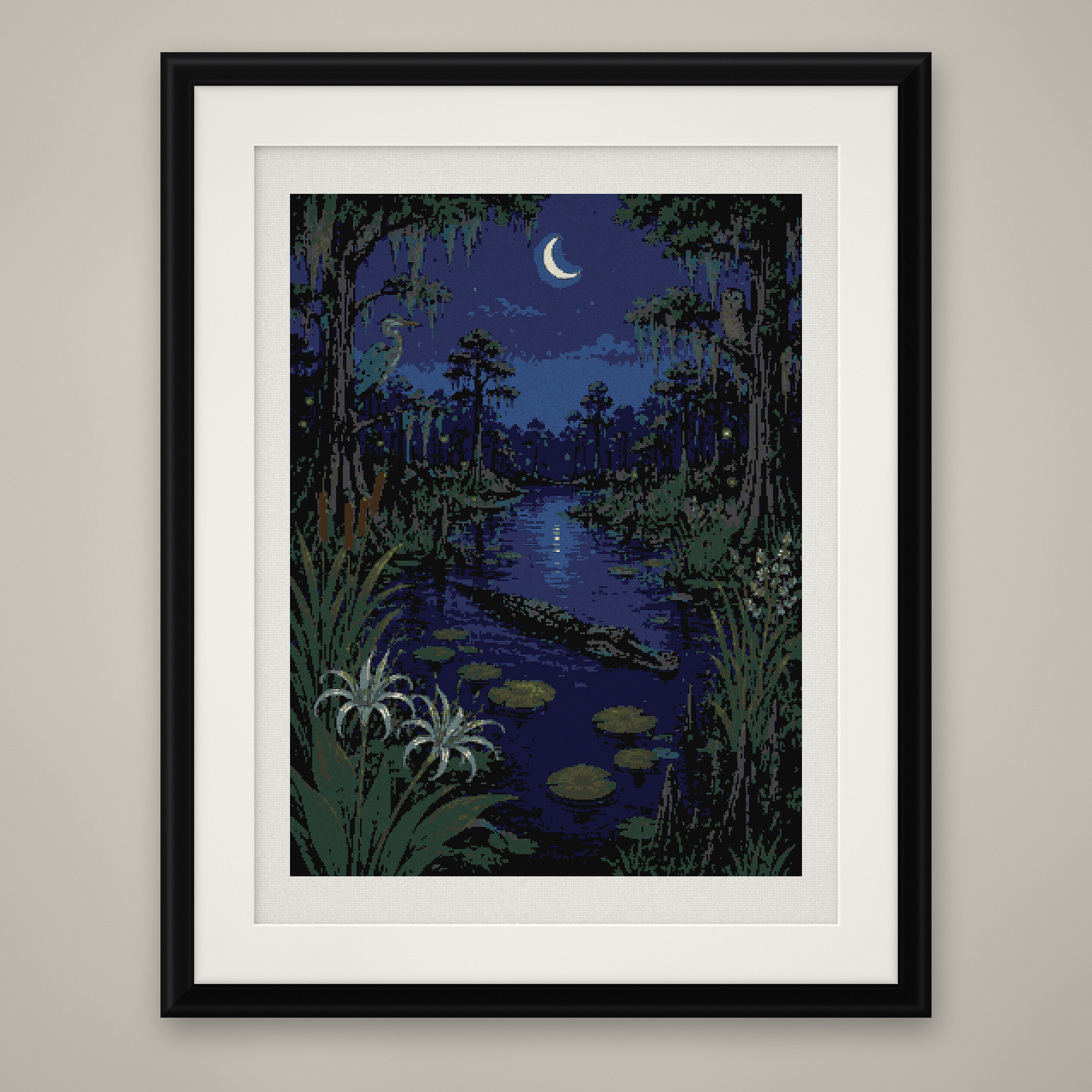 Bayou at Night Cross Stitch Pattern, Moonlit Swamp Heron and Owl PDF