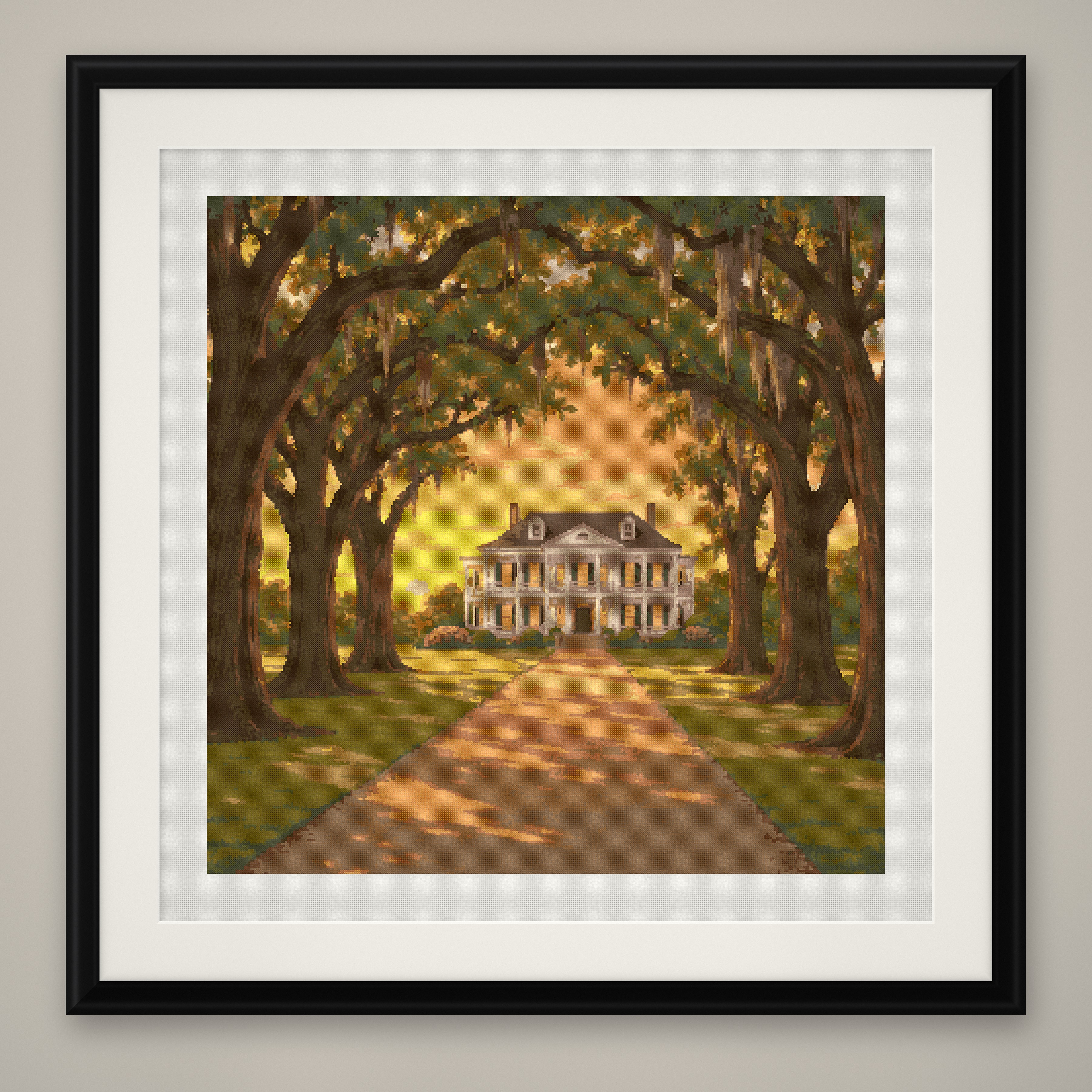 Southern Manor Cross Stitch Pattern, Oak Alley Sunset Estate PDF