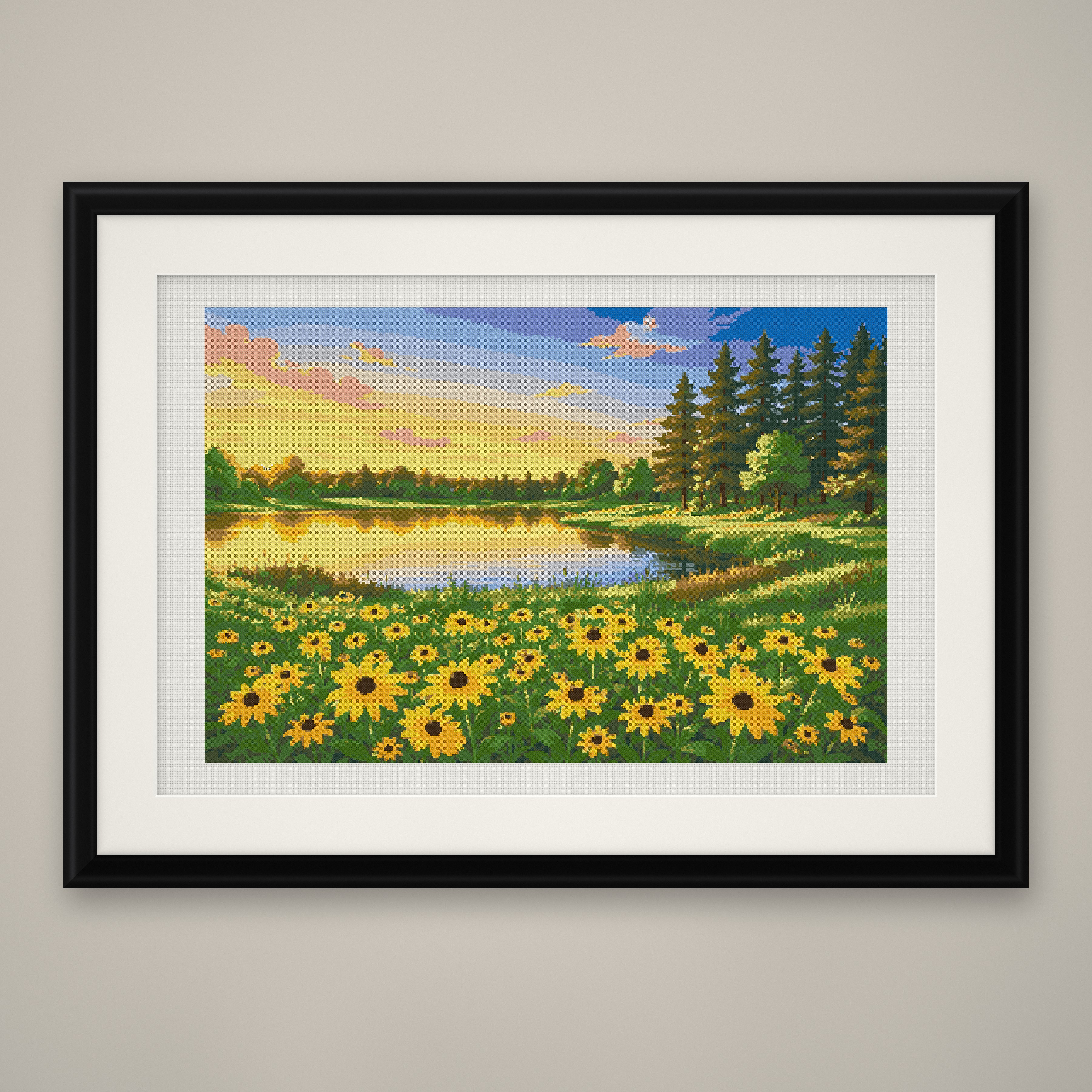 Sunflower Lake Cross Stitch Pattern, Sunset Meadow Landscape PDF